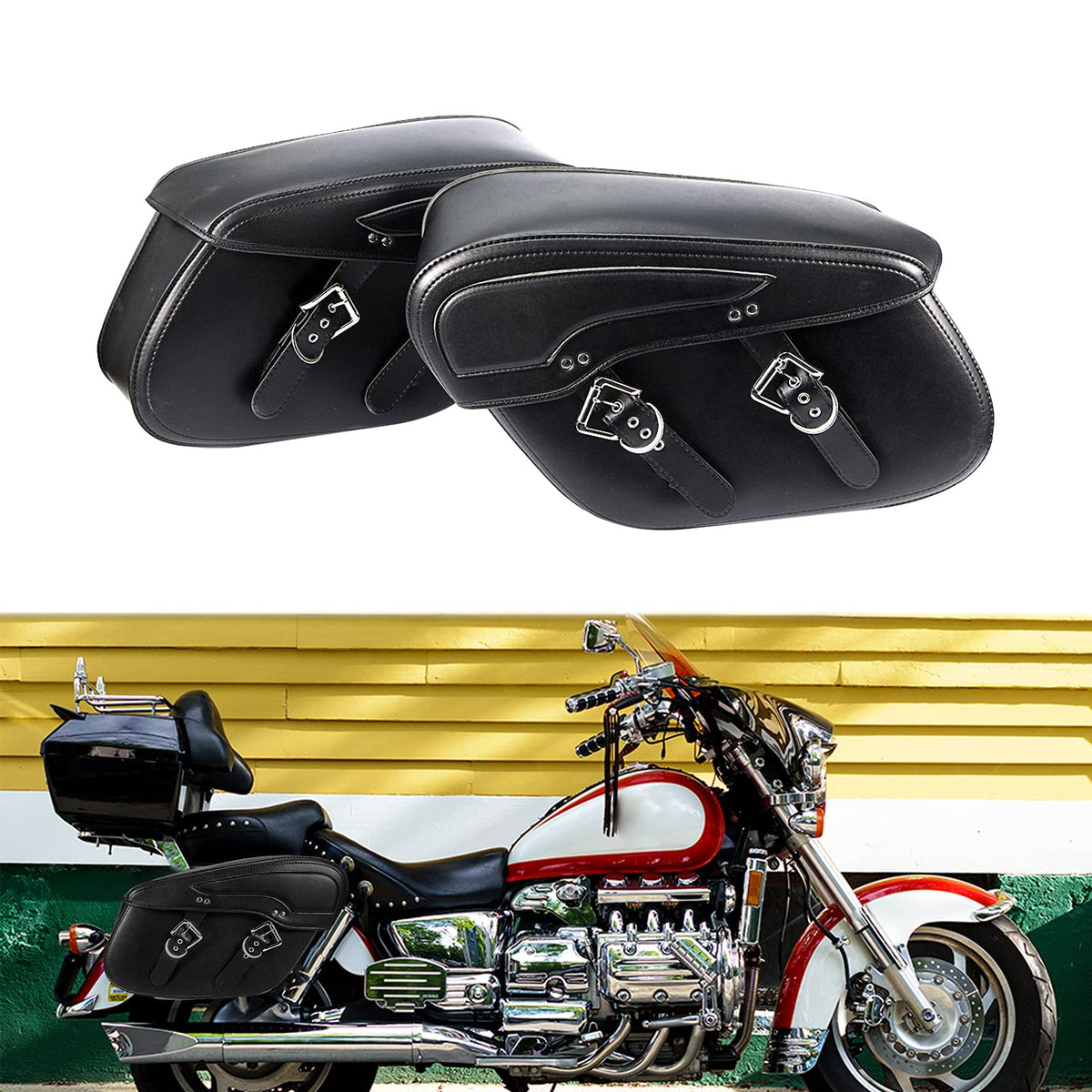 Oxmart Motorcycle Saddlebags, Anti-Water Universal Side Tool Bags, Pu Leather Large Storage Saddle Bags, Fit For Honda Suzuki Yamaha Sportster Harley Softail Dyna Scooter Panniers 2Pcs- Upgrade Style