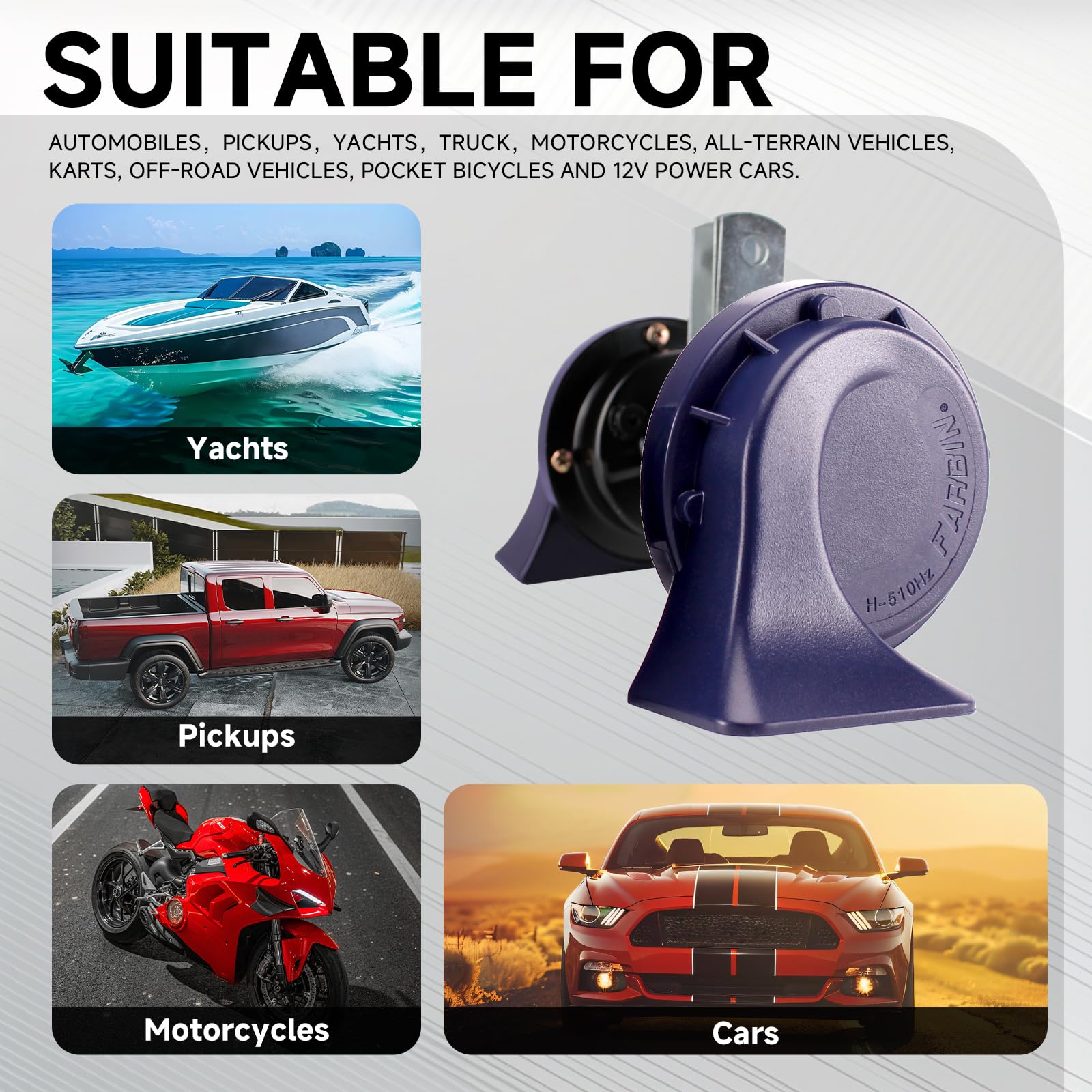 Farbin Horn 12V Car Horns Loud Dual-Tone Waterproof Auto Horn Electric Snail Horn Kit Universal For Any 12V Vehicles (Blue Horn,