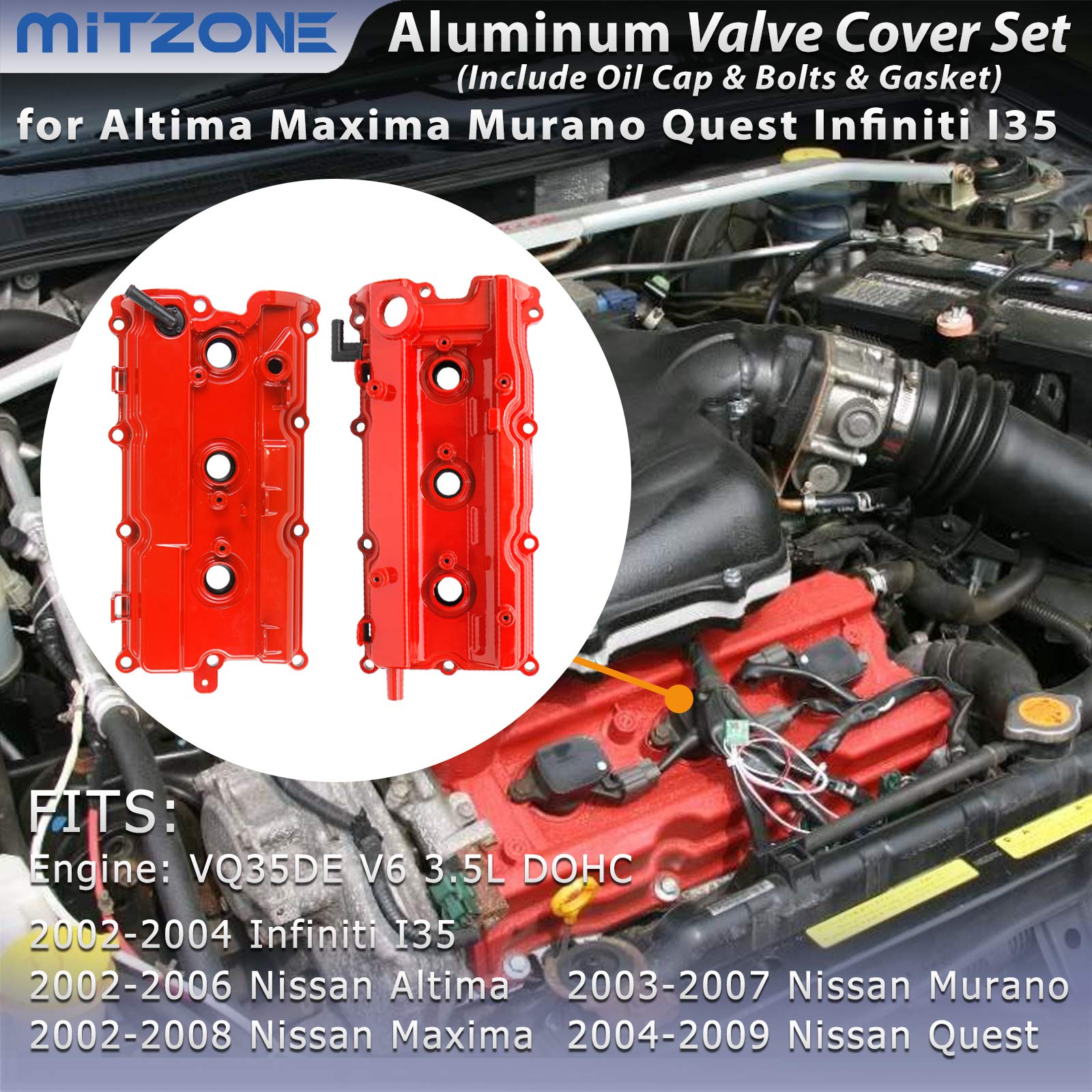 Mitzone Upgrade Aluminum Valve Covers Front & Rear Compatible With 2002-2009 Nissan Altima Maxima Murano Quest Infiniti I35 Vq35