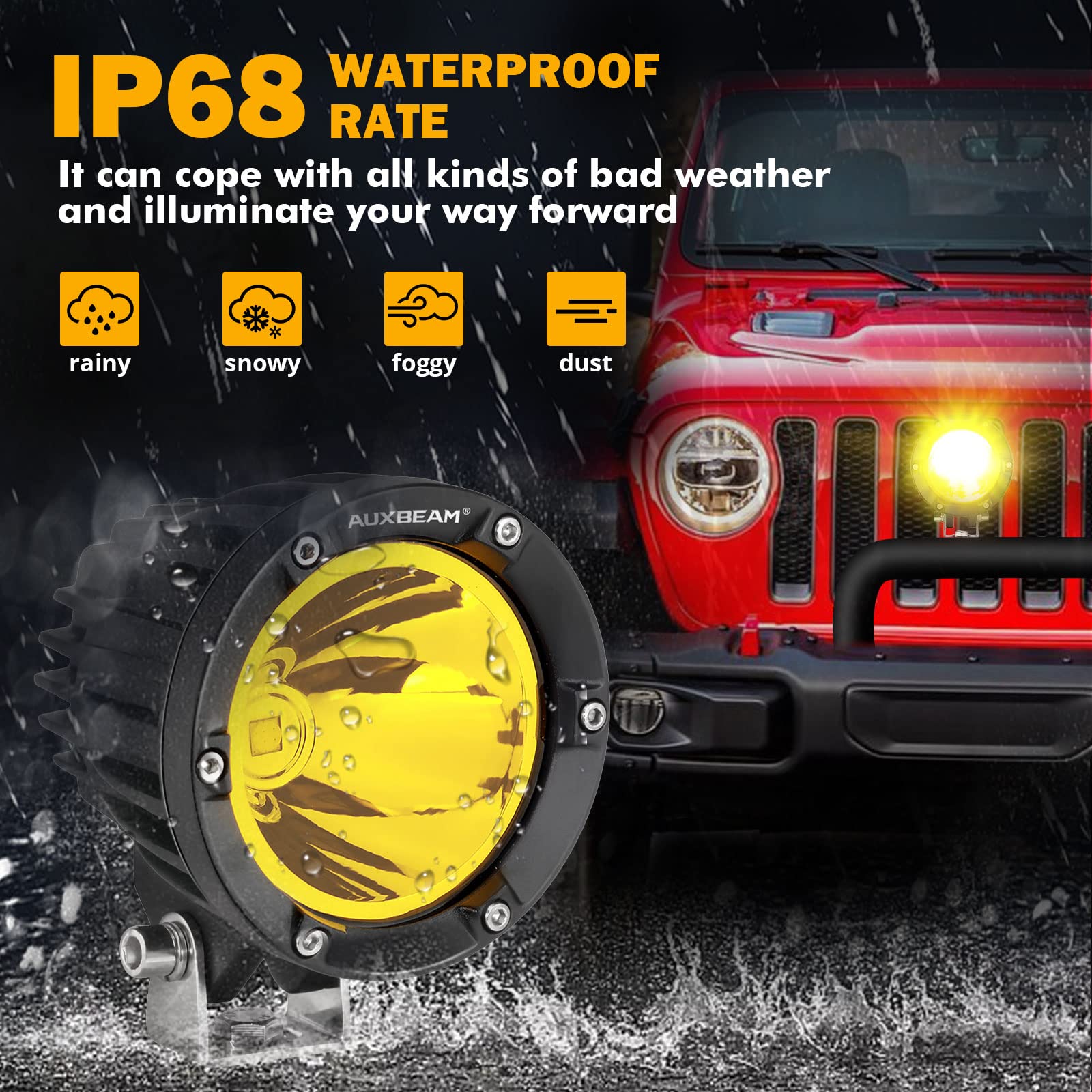 Auxbeam 4 Inch 72W Amber Fog Lights, 2Pcs 7200Lm Led Round Offroad Light Pods, Yellow Spot Beam Driving Off Road Work Light Bar