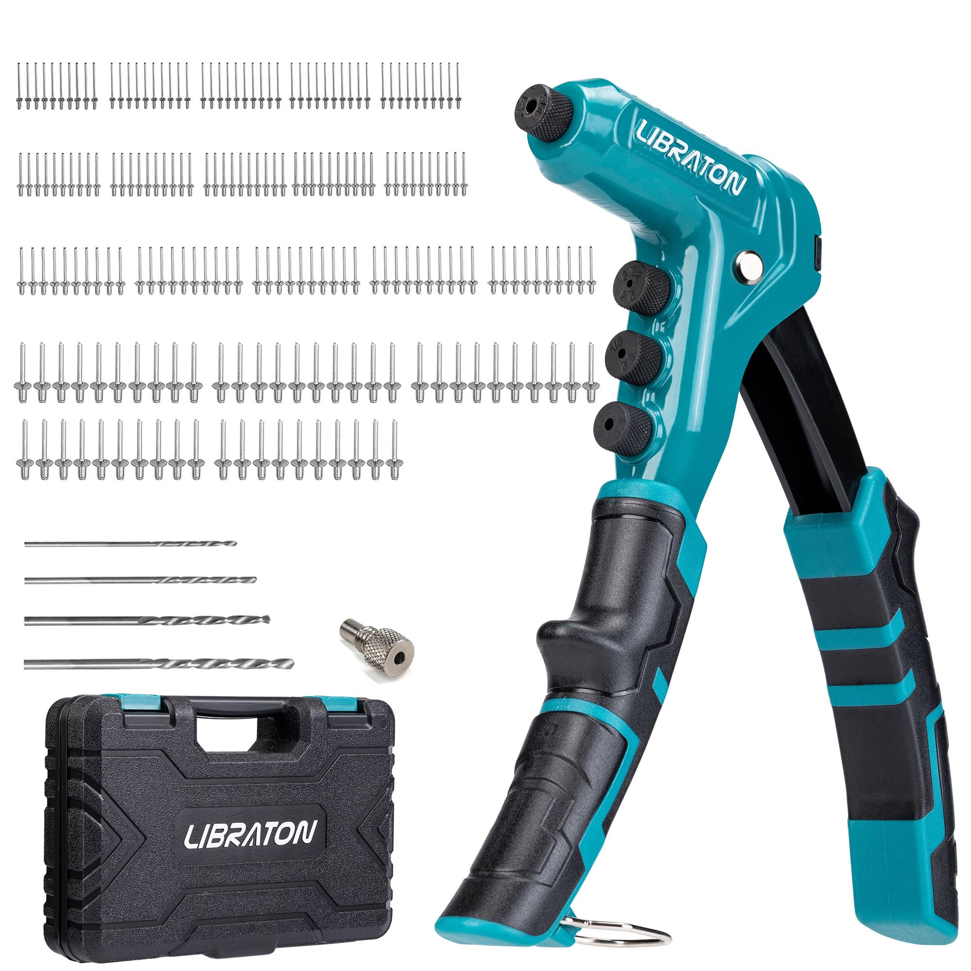 Libraton One-Handed Rivet Gun, Pop Rivet Gun Set, Professional Hand Riveter, Manual Riveting Tool With 200 Rivets For Metal, Inc