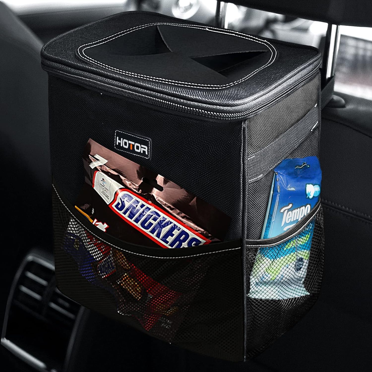 Hotor 3 Gallons Car Trash Can, Ultra Large Capacity Organizer And Storage With Adjustable Straps & Magnetic Snaps, Waterproof Ca