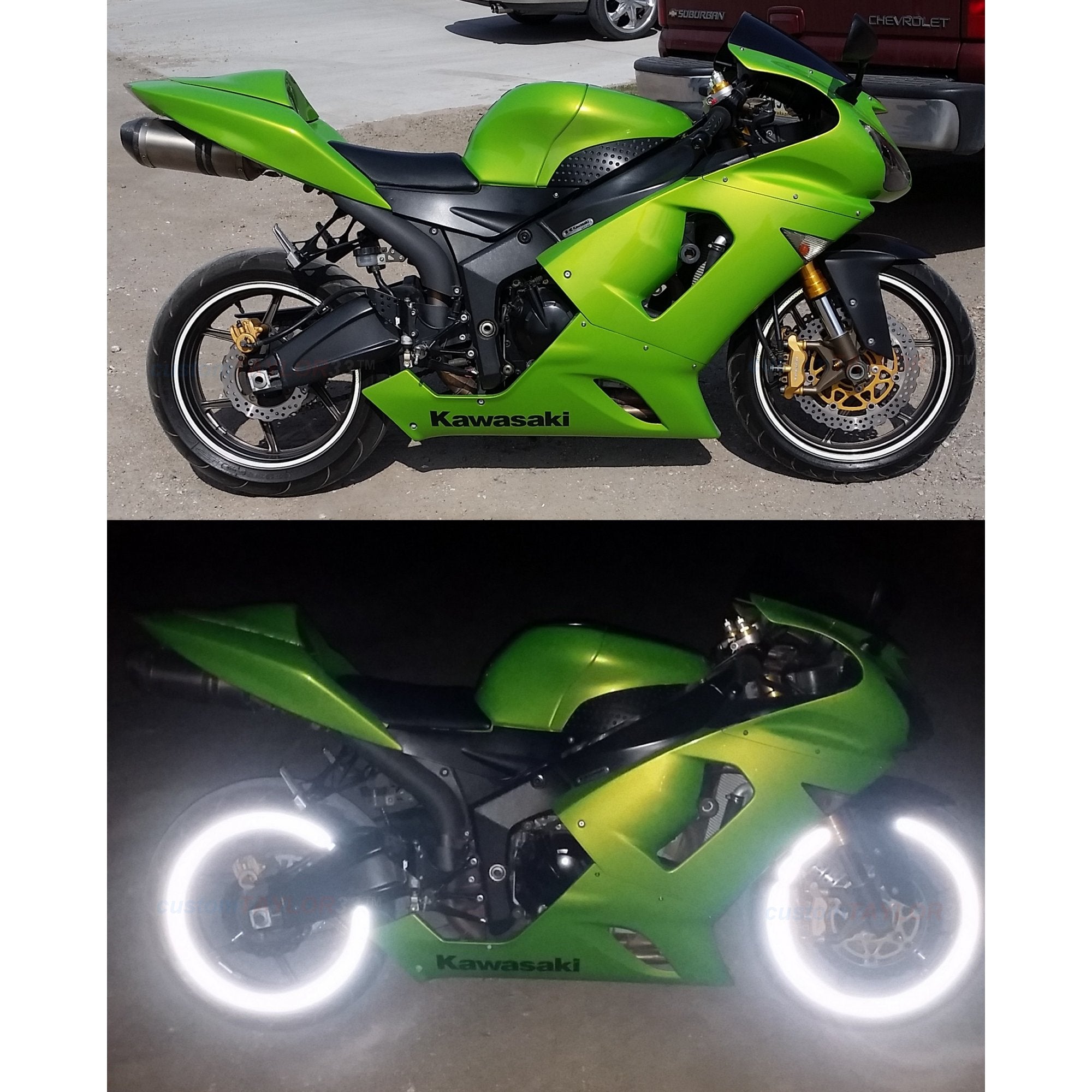 Customtaylor33 (All Vehicles White/Silver/Chrome High Intensity Grade Reflective Copyrighted Safety Rim Tapes (Must Select Your Rim Size), 17' (Rim Size For Most Sportsbikes)