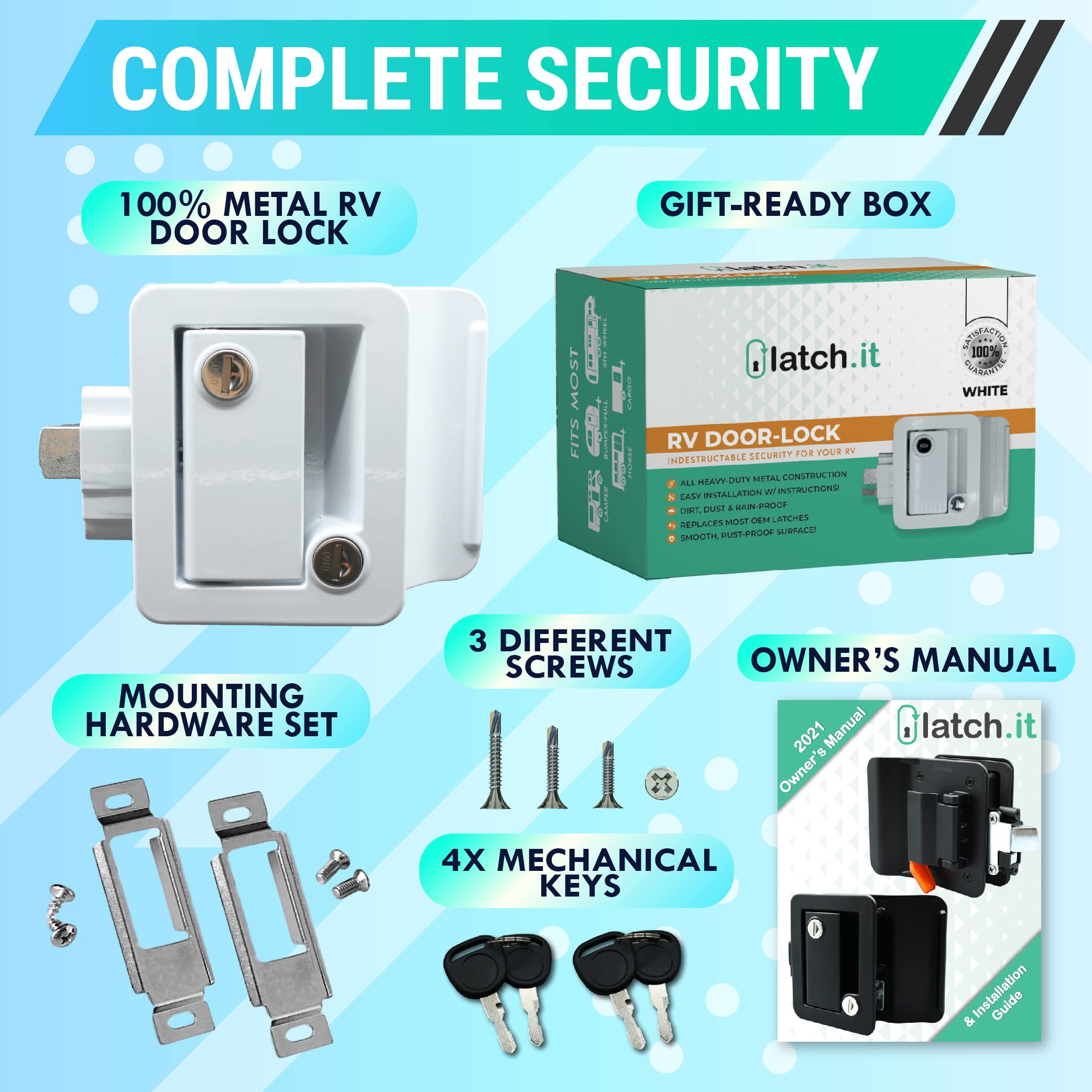 Latch.It White Rv Door Latch | Rv Door Locks For Travel Trailers | 100% Metal Camper Door Lock W/ 4 Keys | Only Fits 2.75''X3.75