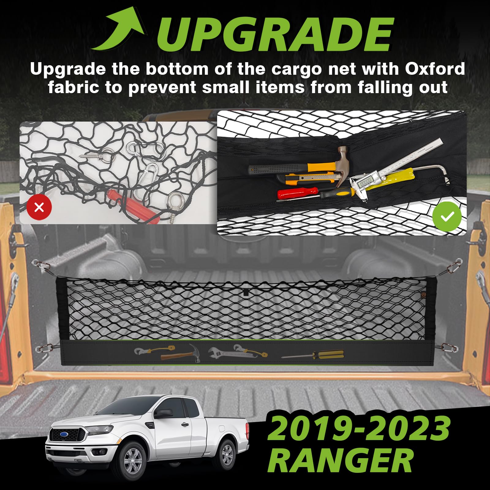 Muslogy Truck Bed Cargo Net Compatible With Ford Ranger 2019-2023 Accessories Storage Organizer Pickup Truck Bed Envelope Style