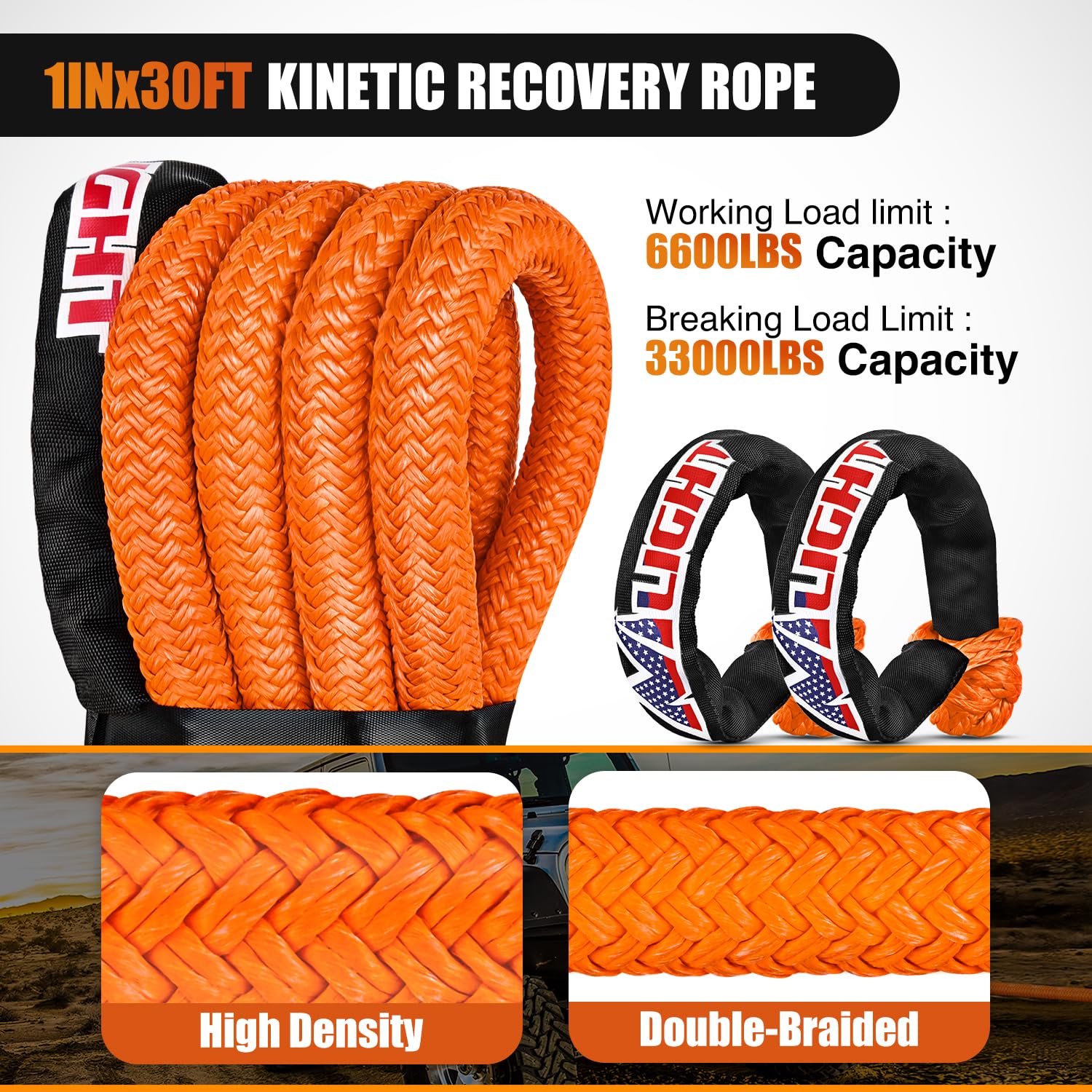 Nilight Kinetic Recovery Tow Rope Kit with 2 Soft Shackle 1'' x 30ft Heavy Duty Offroad Tow Rope Snatch Strap Towing Strap kit (