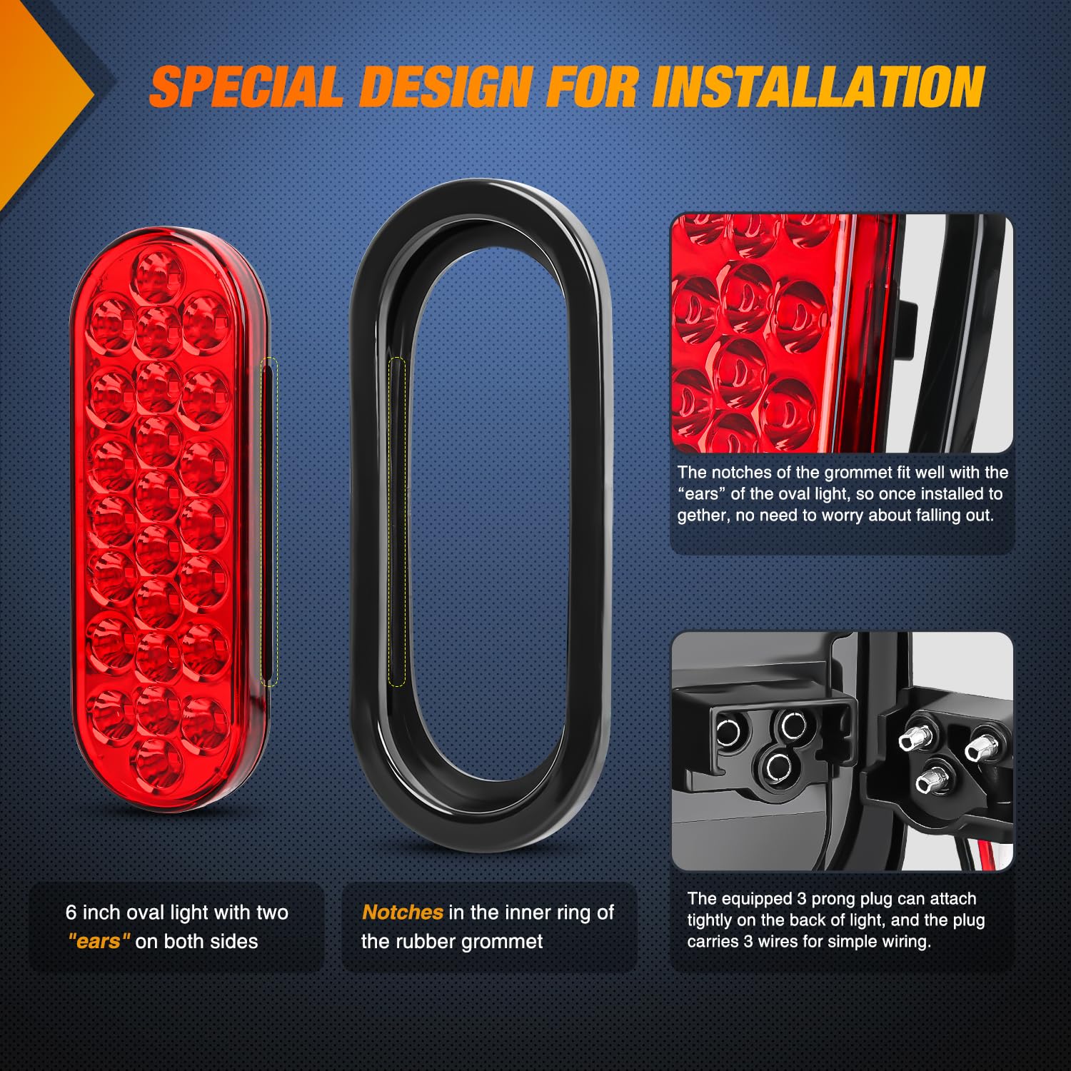 Nilight 6Inch Oval Trailer Tail Light 4Pcs White Red 24Led Brake Turn Signal Reverse Lights W/Flush Mount Grommets Plugs Ip67 Wa