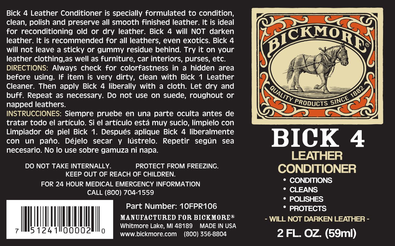 Bick 4 Leather Conditioner And Leather Cleaner 2 Oz - Will Not Darken Leather - Safe For All Colors Of Leather Apparel, Furniture, Jackets, Shoes, Auto Interiors, Bags & All Other Leather Accessories