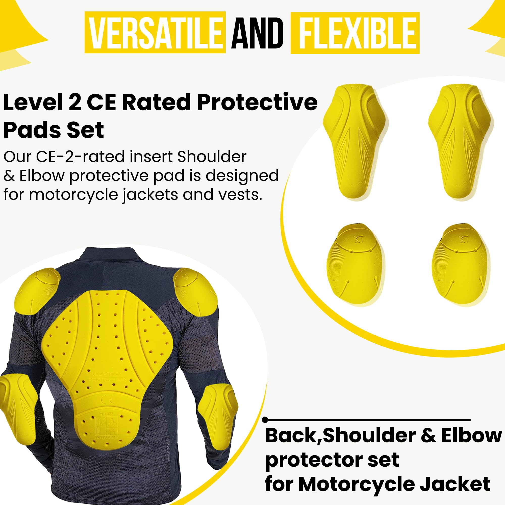 MOTOSTYLEWEAR - 5 PC - CE Level 2 Certified Armor Pads l Level 2 Approved Back, Shoulder, and Elbows Armor Protector Inserts for