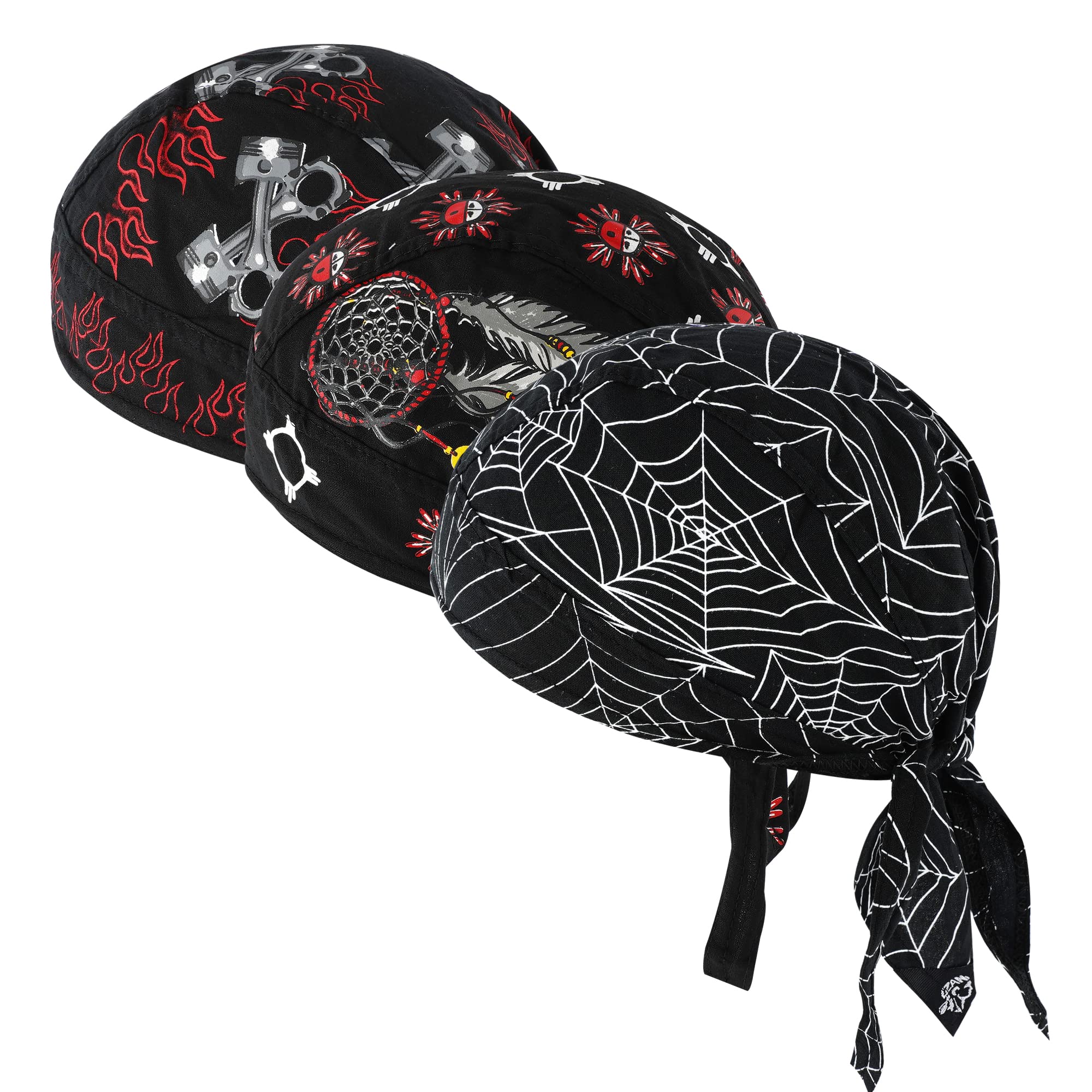 Docila Black Cotton Do Rags For Women Men Trendy Spider Feather Flame Skull Helmet Liner Beanie Hat Pirate Head Scarf Motorcycle