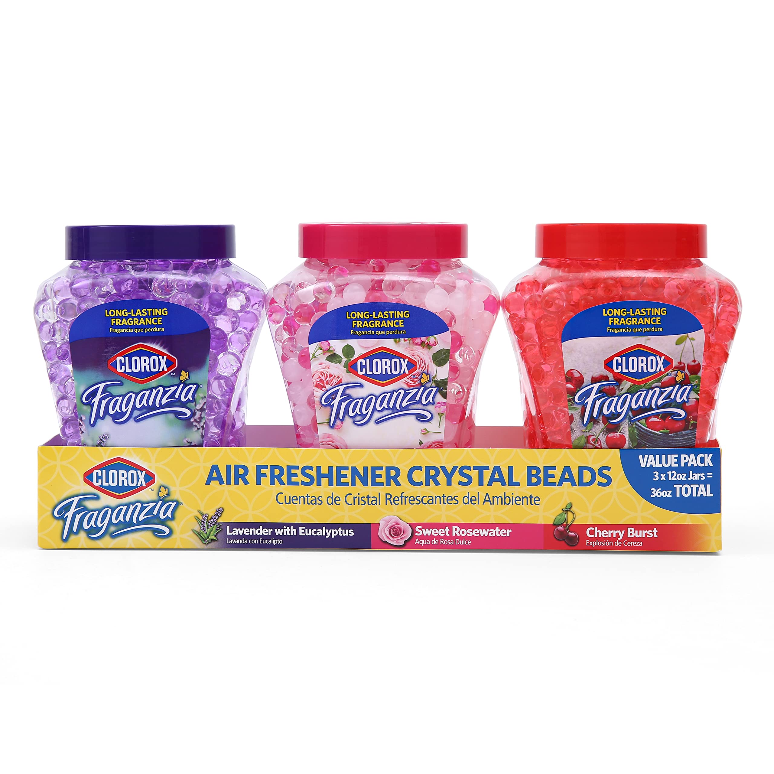 Clorox Fraganzia Air Freshener Crystal Beads Triple Pack, Sweet Rosewater, Lavender w/Eucalyptus, Cherry Burst 12oz Jars | Vente