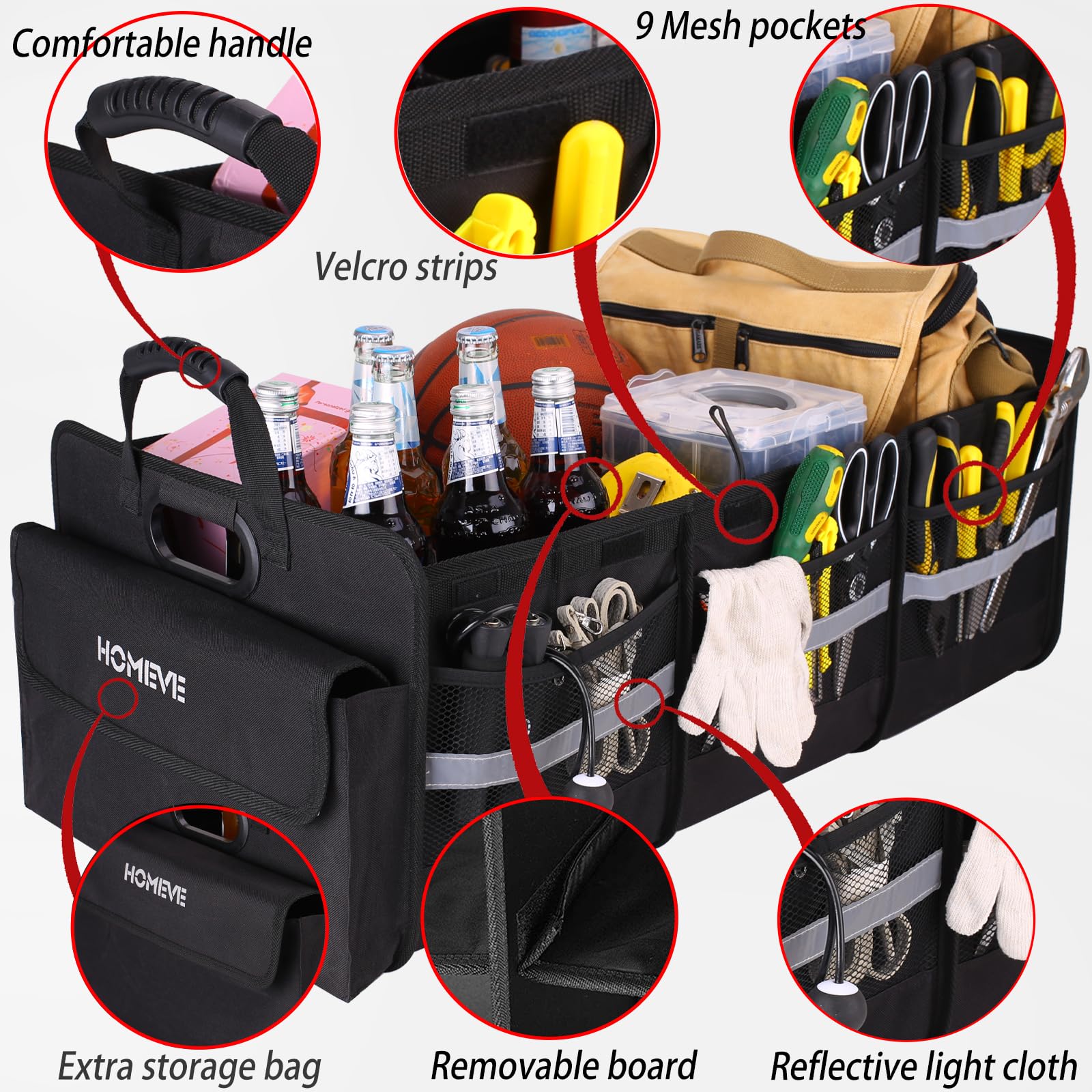 Homeve Trunk Organizer For Car, Collapsible Storage Box, Car Storage Organizer, 6 Compartment, Multi Pockets, Non Slip Strips, 2