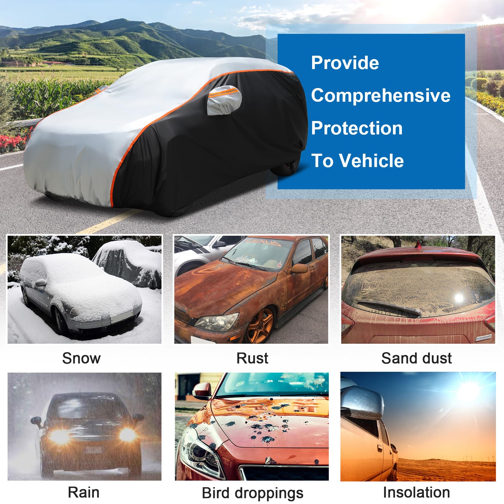 10 Layers Car Cover Waterproof All Weather Rain Snowproof Uv Protection Windproof Outdoor Car Snow Cover With Zipper Cotton, Fit