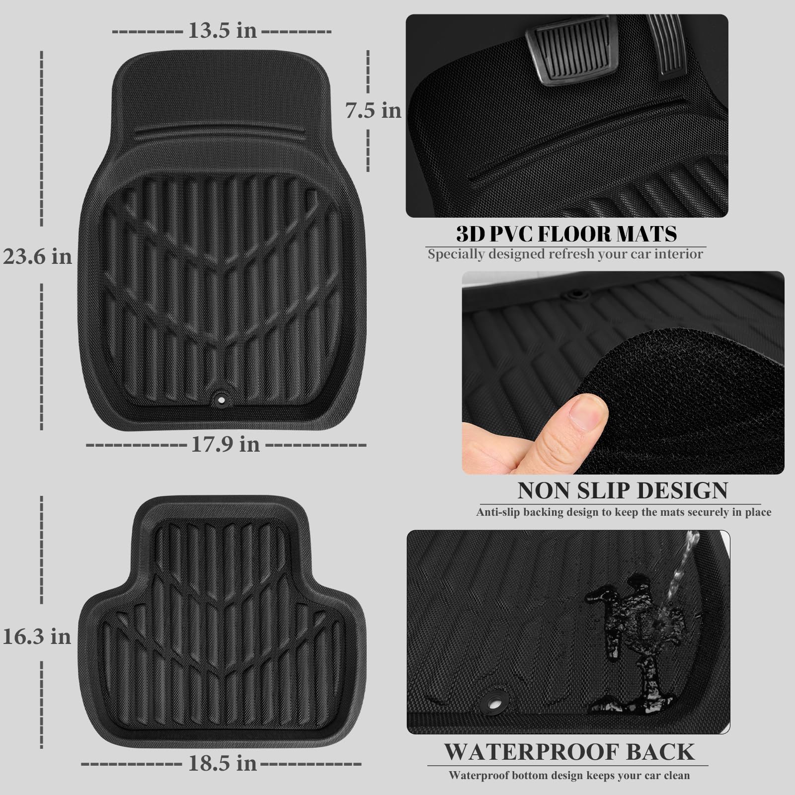 Car Pass Pvc Deep Dish Car Mats Full Set, Waterproof All Weather Luxury Faux Leather Car Floor Mats 4 Piece, Anti-Slip Universal