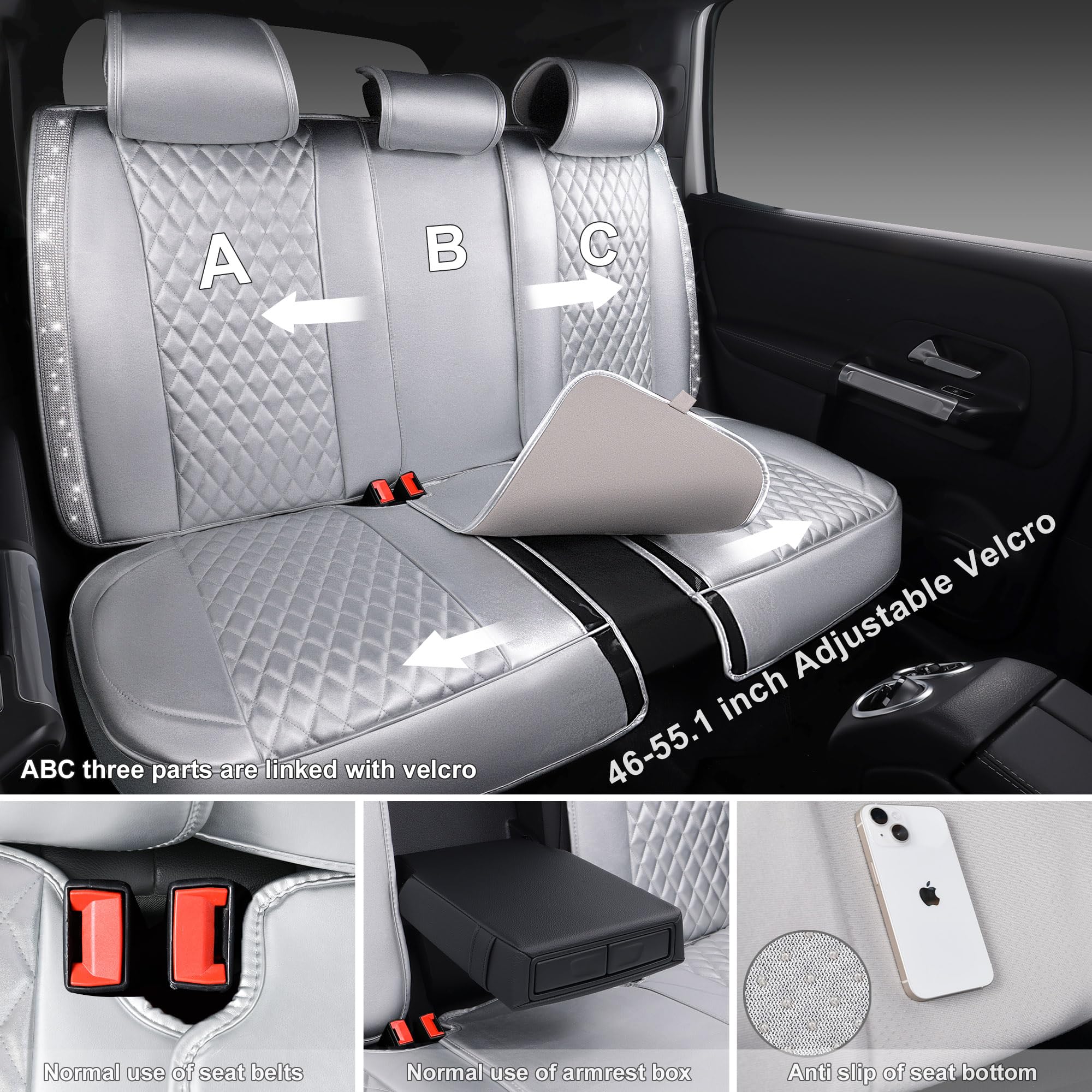 Car Pass Nappa Leather Car Seat Covers For Full Set Bling Silver Diamond Universal Luxury Cushion, Waterproof Anti-Slip Seat Pro