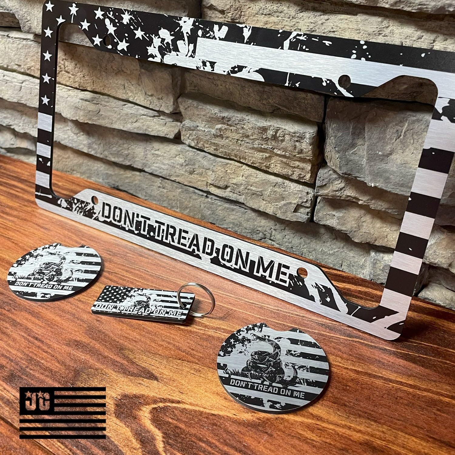 JASS GRAPHIX Don't Tread On Me License Plate Frame Set - Brushed 12"x6" Patriotic Car Accessories - Gadsden Flag Design