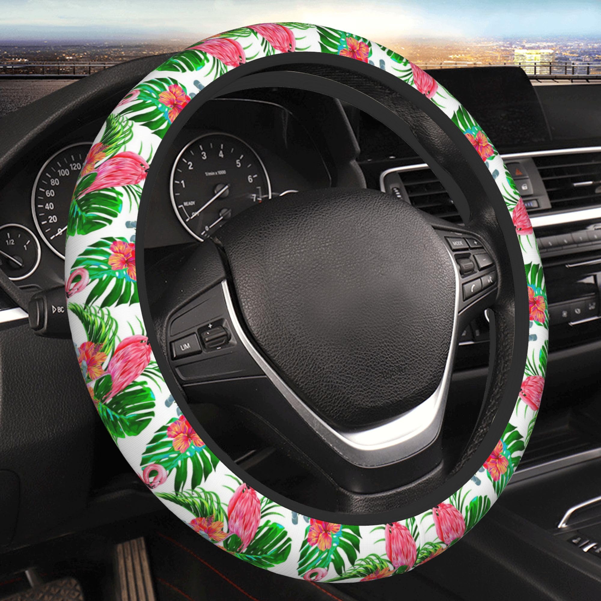 Pink Flamingo Tropical Palm Flower Leaves Steering Wheel Covers Non Slip Neoprene Steering Wheel Protector Cover Universal 15 In