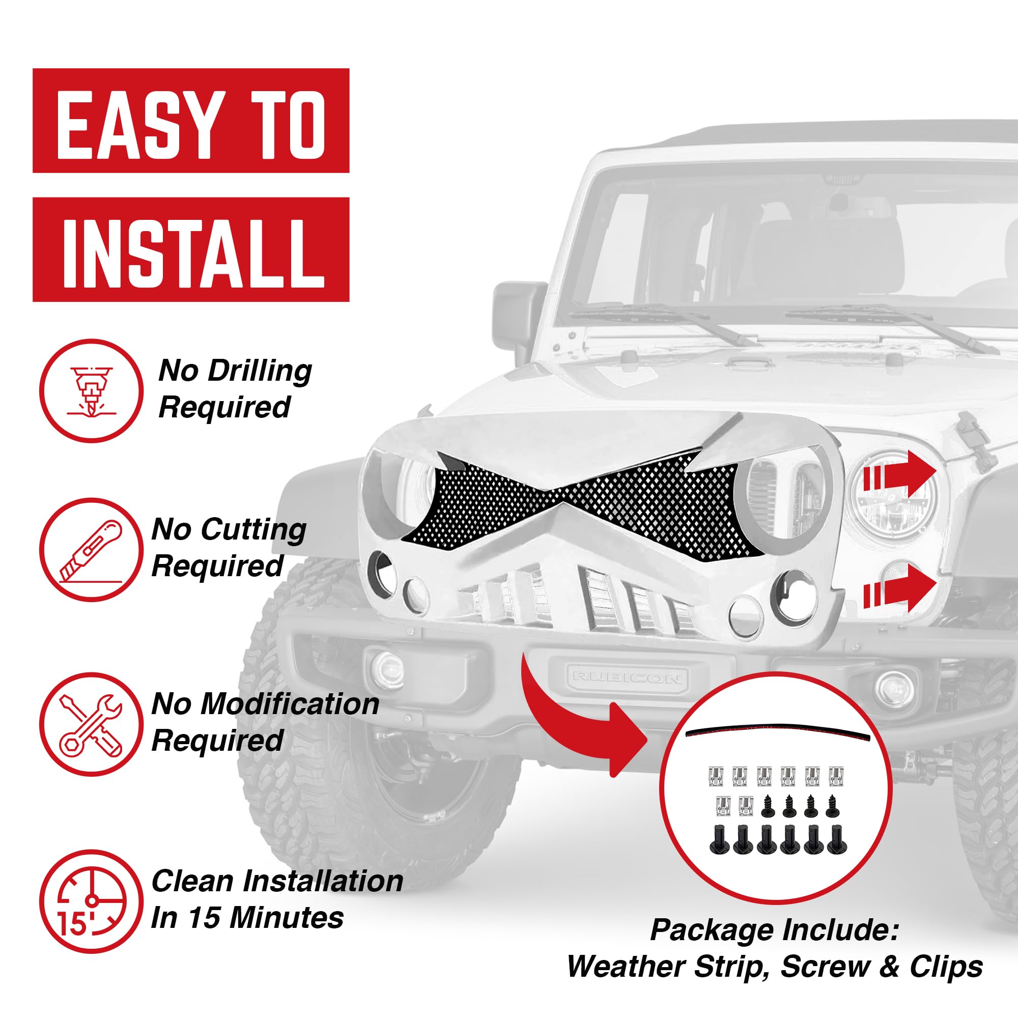 AM AMERICAN MODIFIED Hawke Front Grille Cover for Jeep Wrangler JK/JKU, 2007-2018, Plastic, White, Model 312677