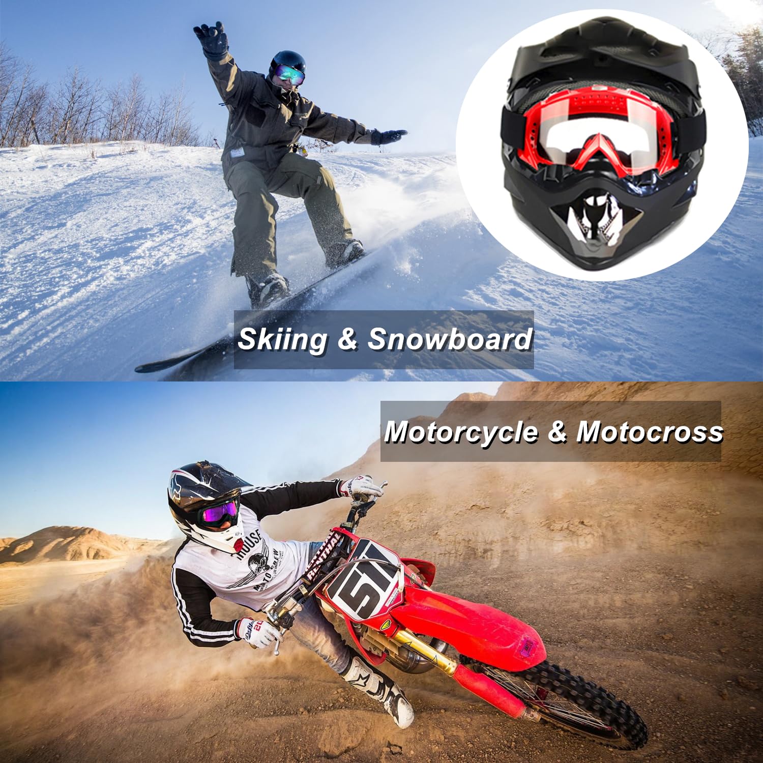 LJDJ Dirt Bike & Motorcycle Goggles 2 Pack - ATV, Riding, Ski & Racing Goggles - Windproof, Offroad Protective Glasses for Men,