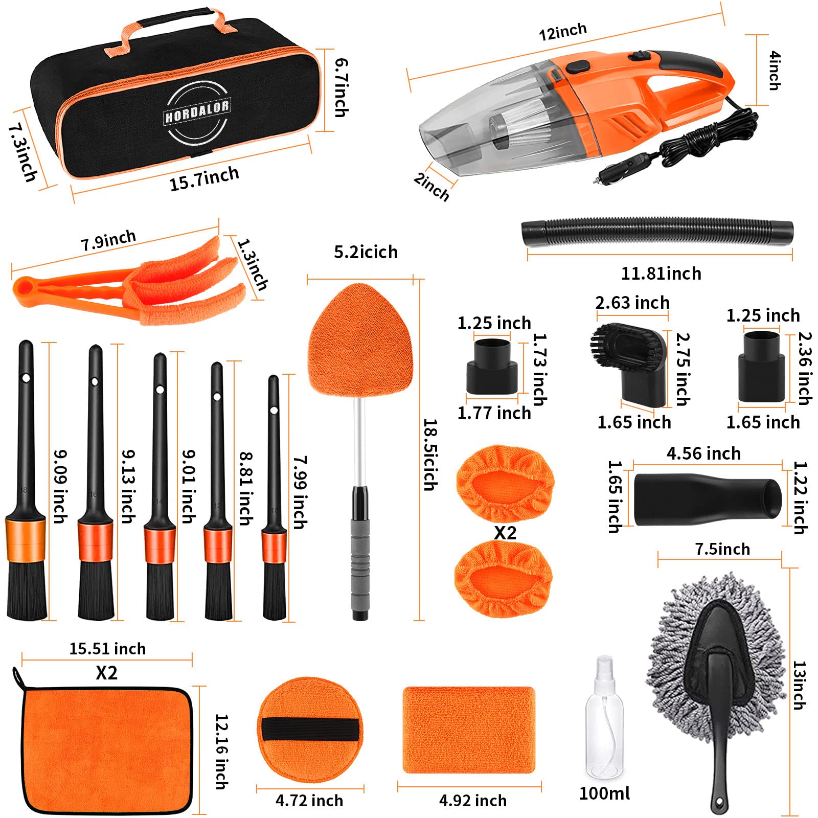 Hordalor 17Pcs Car Cleaning Kit,Car Interior Detailing Kit With High Power Handheld Vacuum,Detailing Brush Set,Windshield Cleani