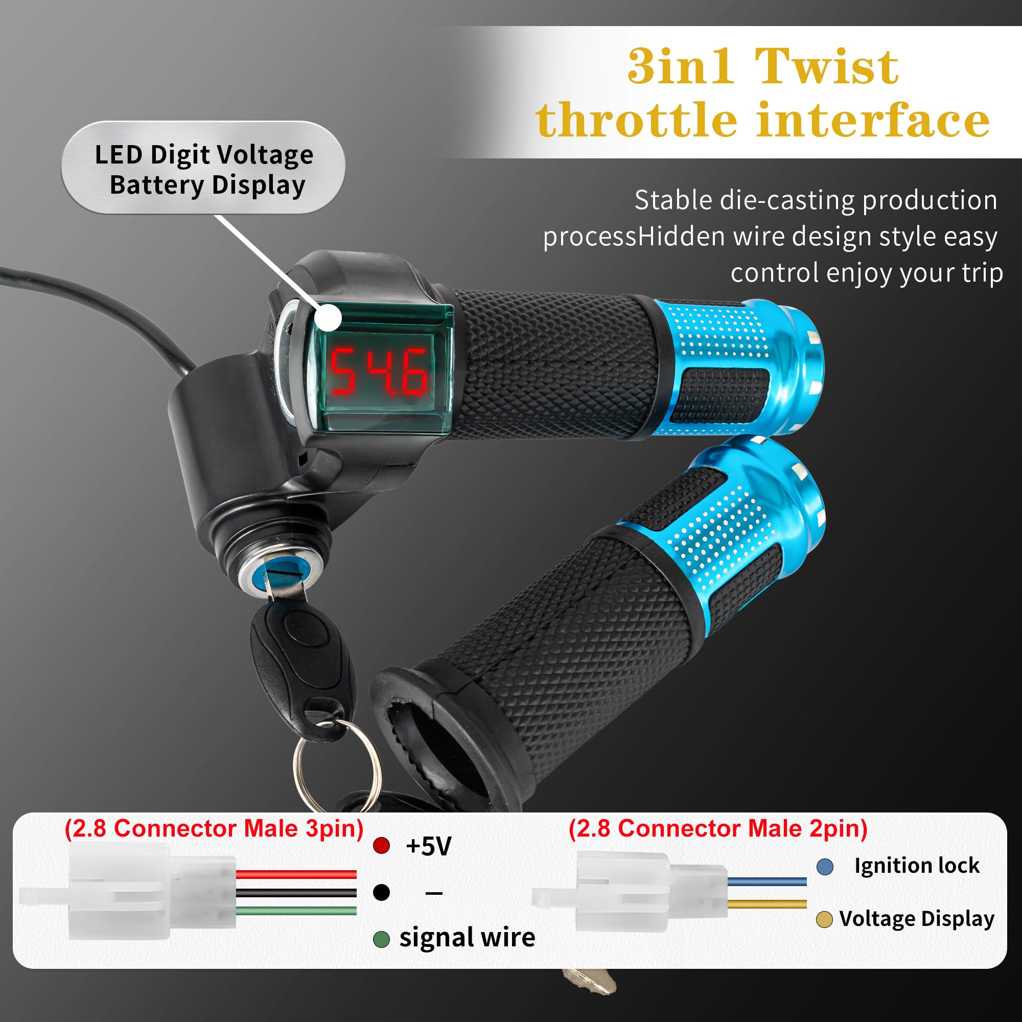 doinal Electric Twist Throttle 12-84V with Voltage Display, LED THROTTLE, Medium Size, Upgraded 5 Wire Design