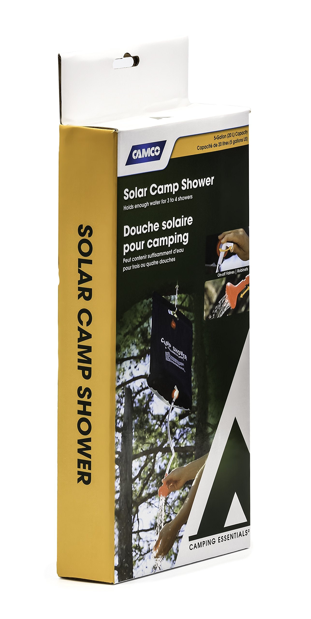 Camco Outdoor Natural Solar Shower With On-Off Valve For Campsites - Holds 5 Gallons Of Water, Sufficient For 3-4 Showers, Excel