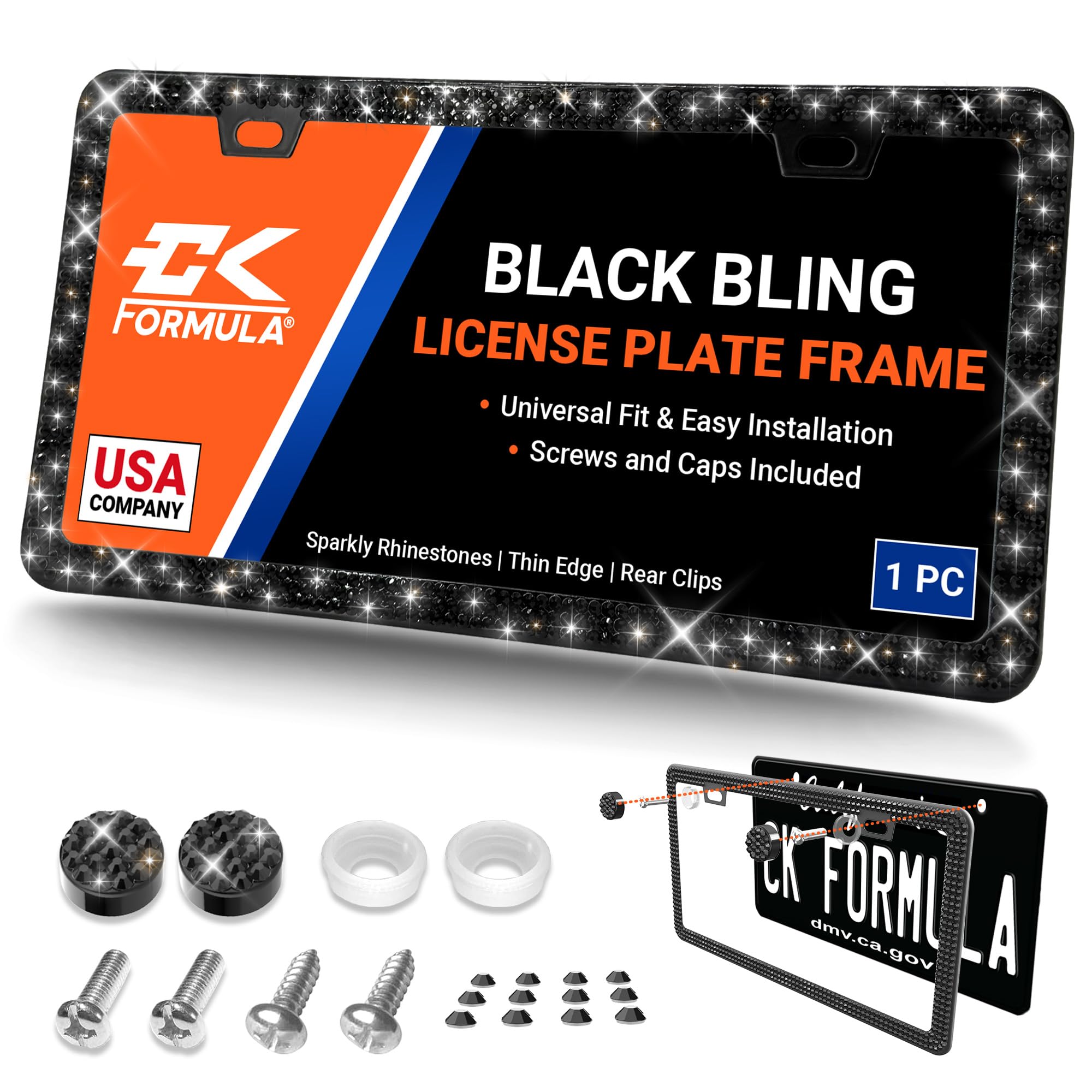 Black Bling License Plate Frame - Rhinestone License Plate Frames for Women, Sparkly Licence Plate Holder, Car Plate Frame, Port