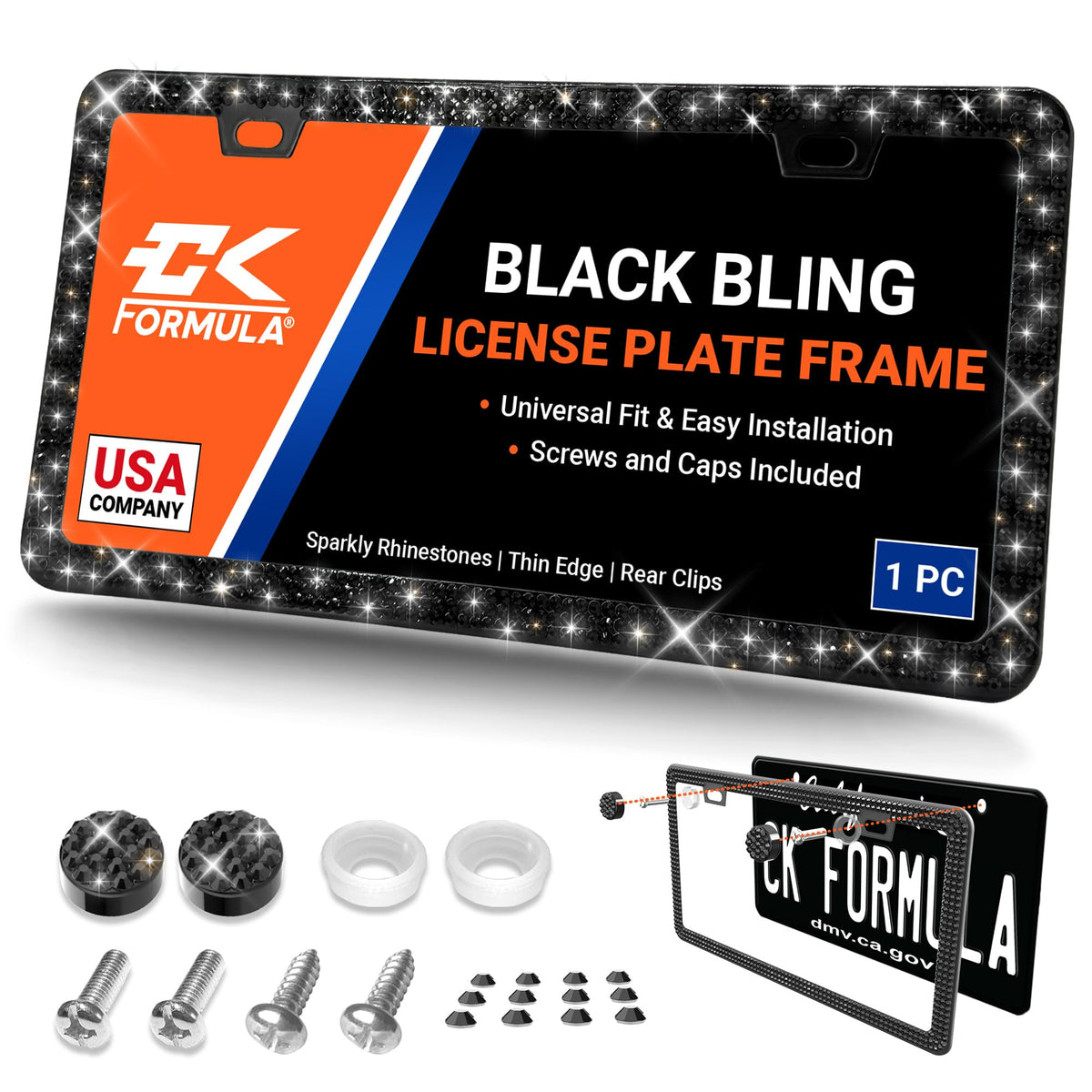 Black Bling License Plate Frame - Rhinestone License Plate Frames for Women, Sparkly Licence Plate Holder, Car Plate Frame, Port