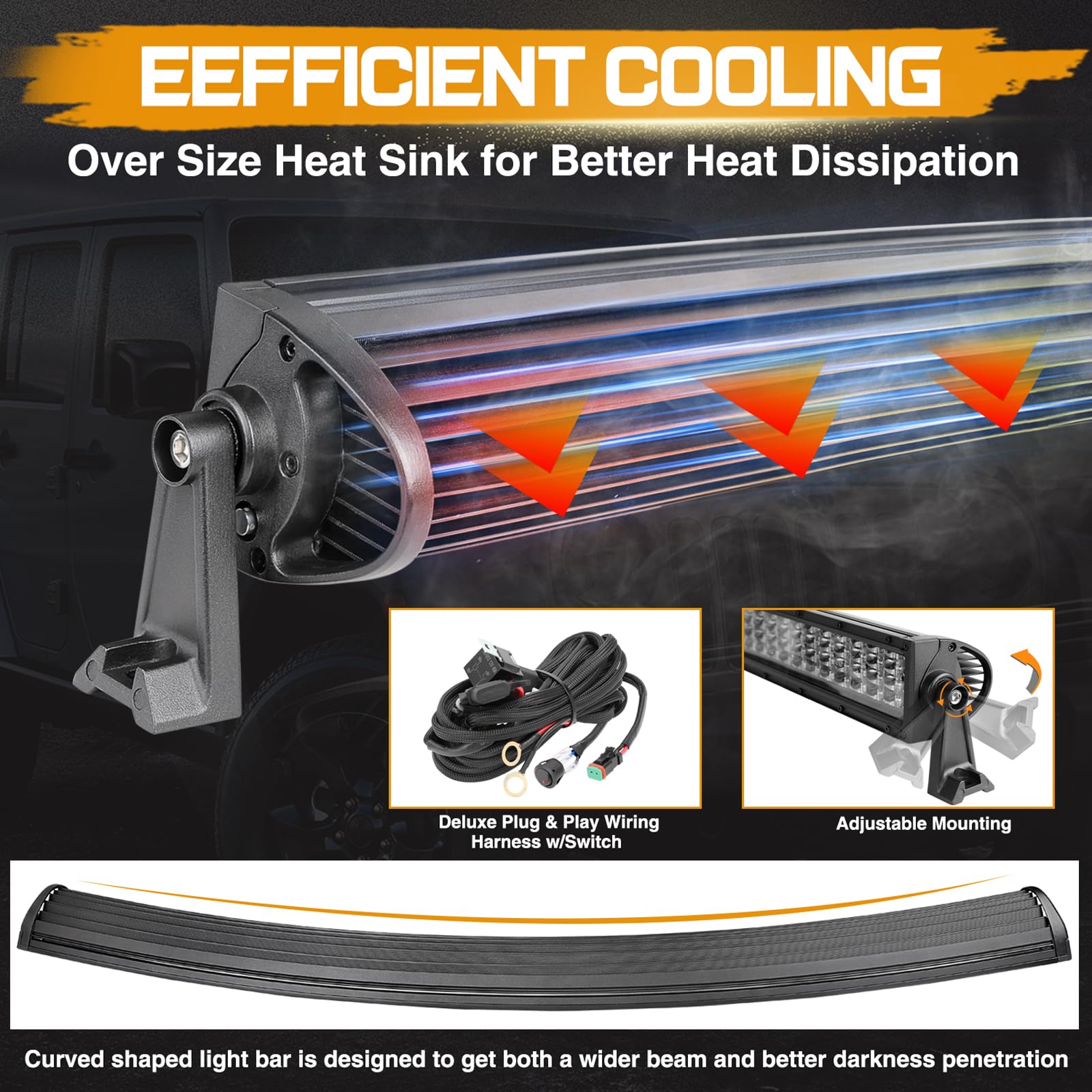 50 Inch Curved Led Light Bar, Niking Auto Quad Row Led Work Light With 12V Wiring Harness Spot Flood Combo Beam Off Road Led Driving Fog Light Roof Light For Trucks Suv Pickup Wrangler Jk Jl 4Wd