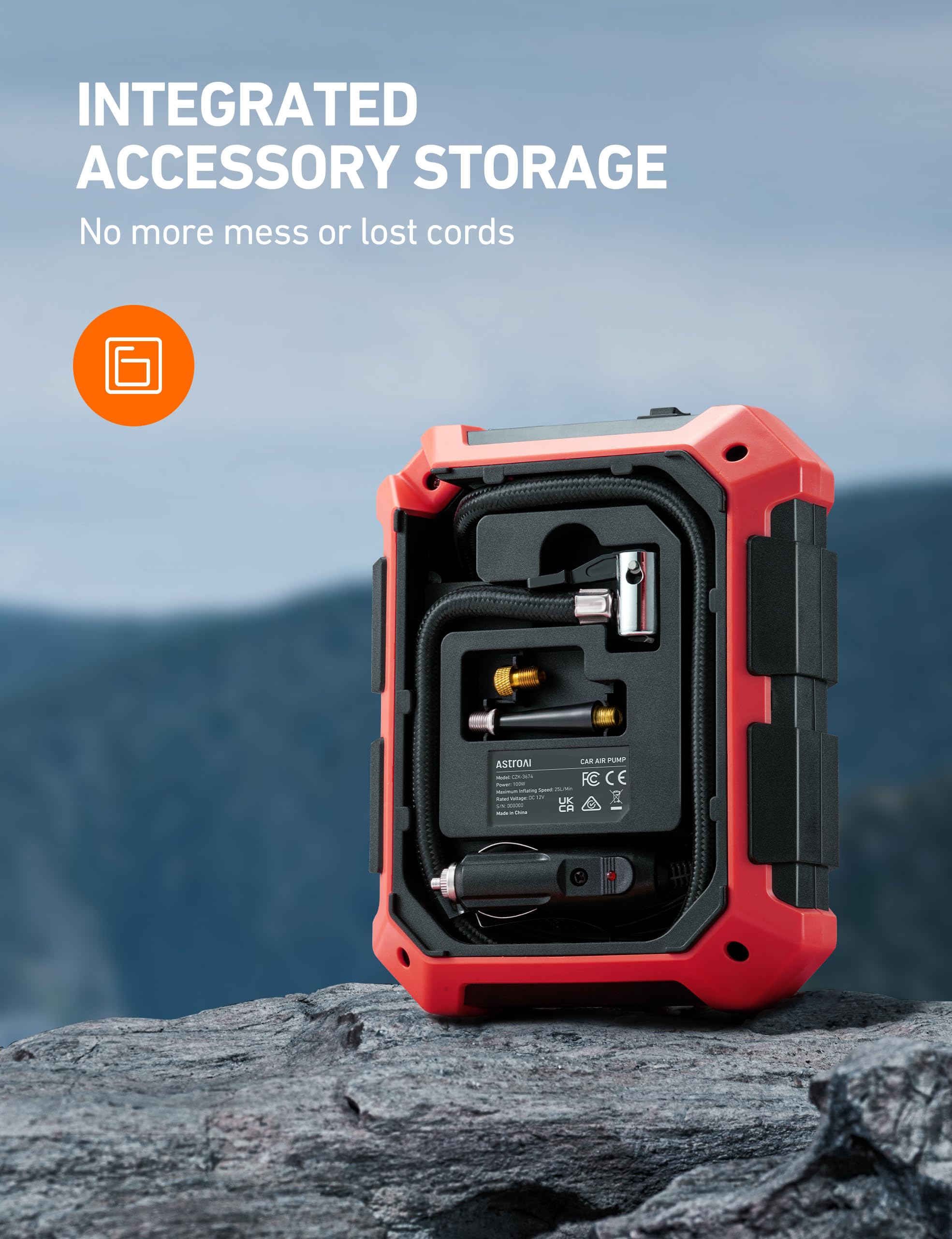 AstroAI 12V DC Tire Inflator Air Compressor - Portable Air Pump for Car Tires & Bicycles, 100PSI, LED Light, Red