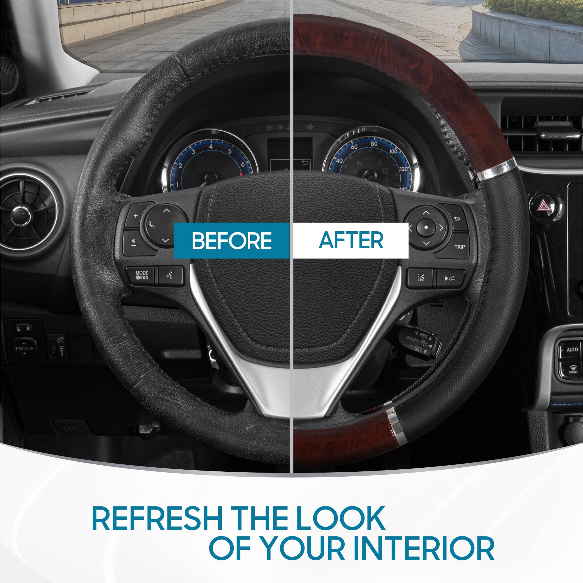 BDK Dark Wood Grain Car Steering Wheel Cover, Standard 15 inch with Black Faux Leather Grip, Made to Fit Most Auto Truck Van SUV