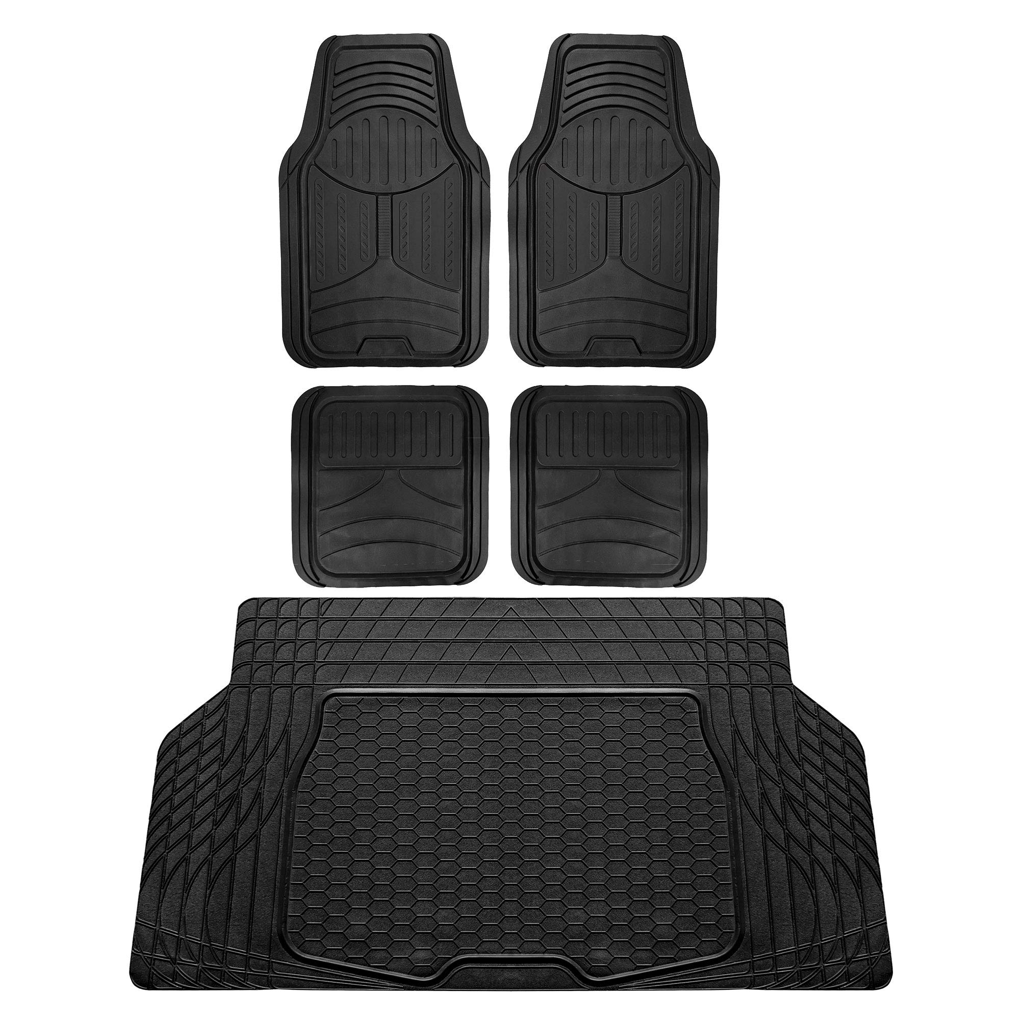 FH Group Monster Eye Full Set Rubber Floor Mats w. Trimmable Vinyl Trunk Liner/Cargo Mat Black- Fit Most Car, Truck, SUV, or Van