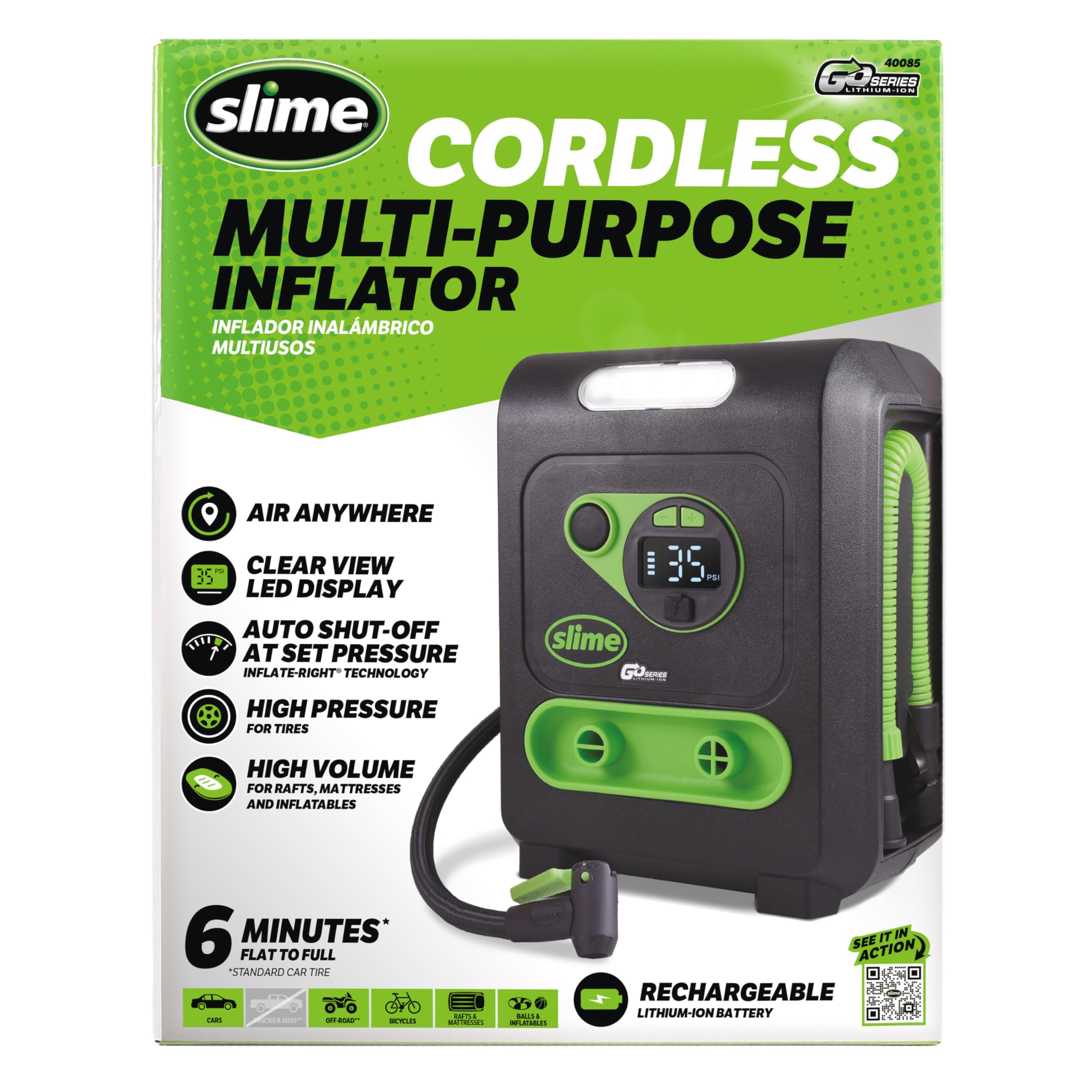 Slime 40085 Tire Inflator, Cordless, Multi-Purpose, Portable Air Compressor Pump, Auto Shut-Off, Lithium Ion Battery and LED Lig