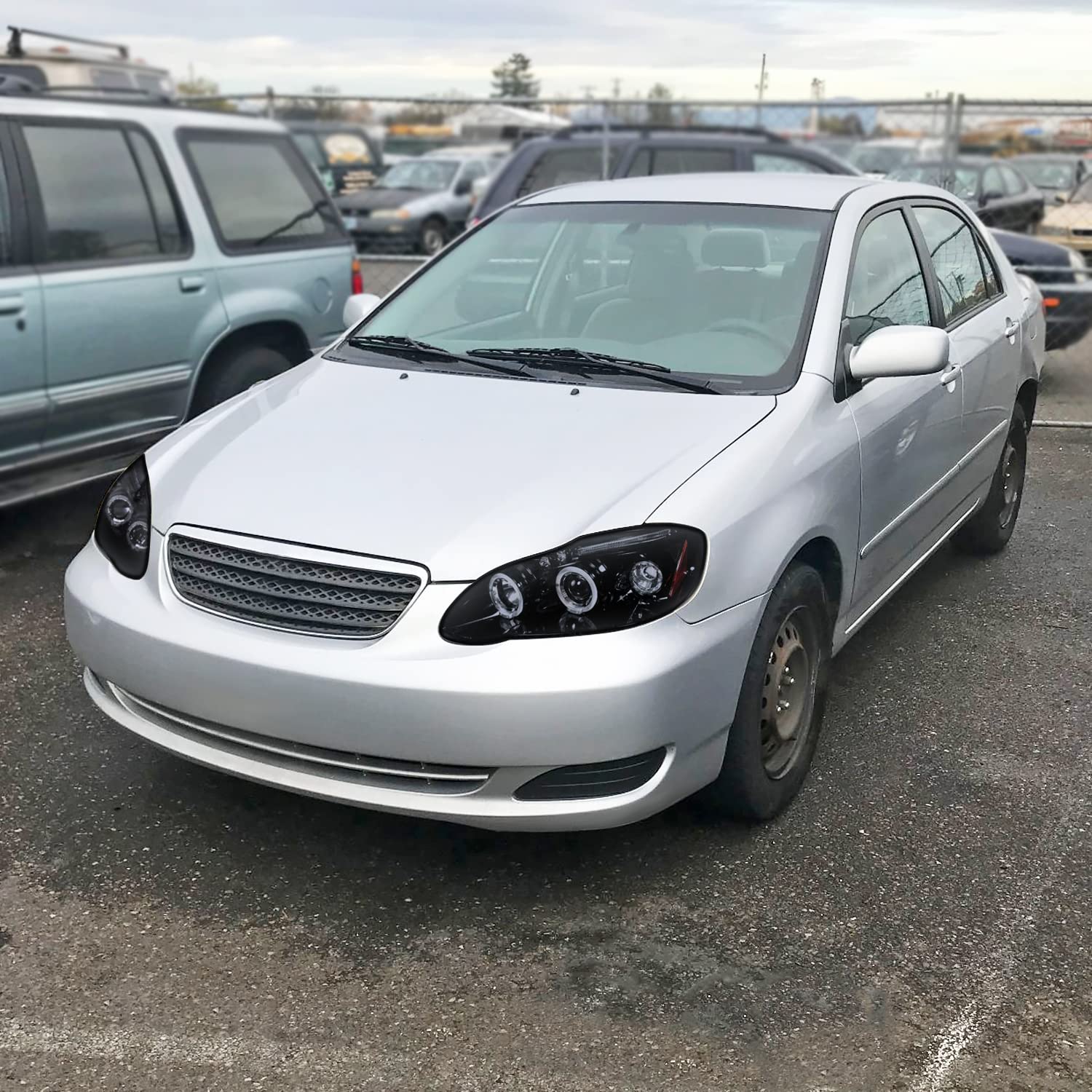 Spec-D Tuning Halo Led Smoke Lens Glossy Black Housing Projector Headlights Compatible With 2003-2008 Toyota Corolla, Left + Rig