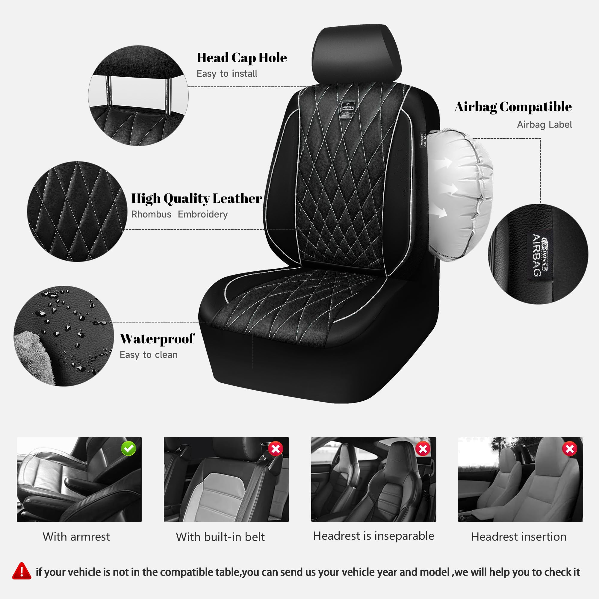 Car Pass Piping Luxury Leather Two Front Car Seat Covers,Silver Glitter Waterproof Seat Cover Compatible With Front Seat Armrest