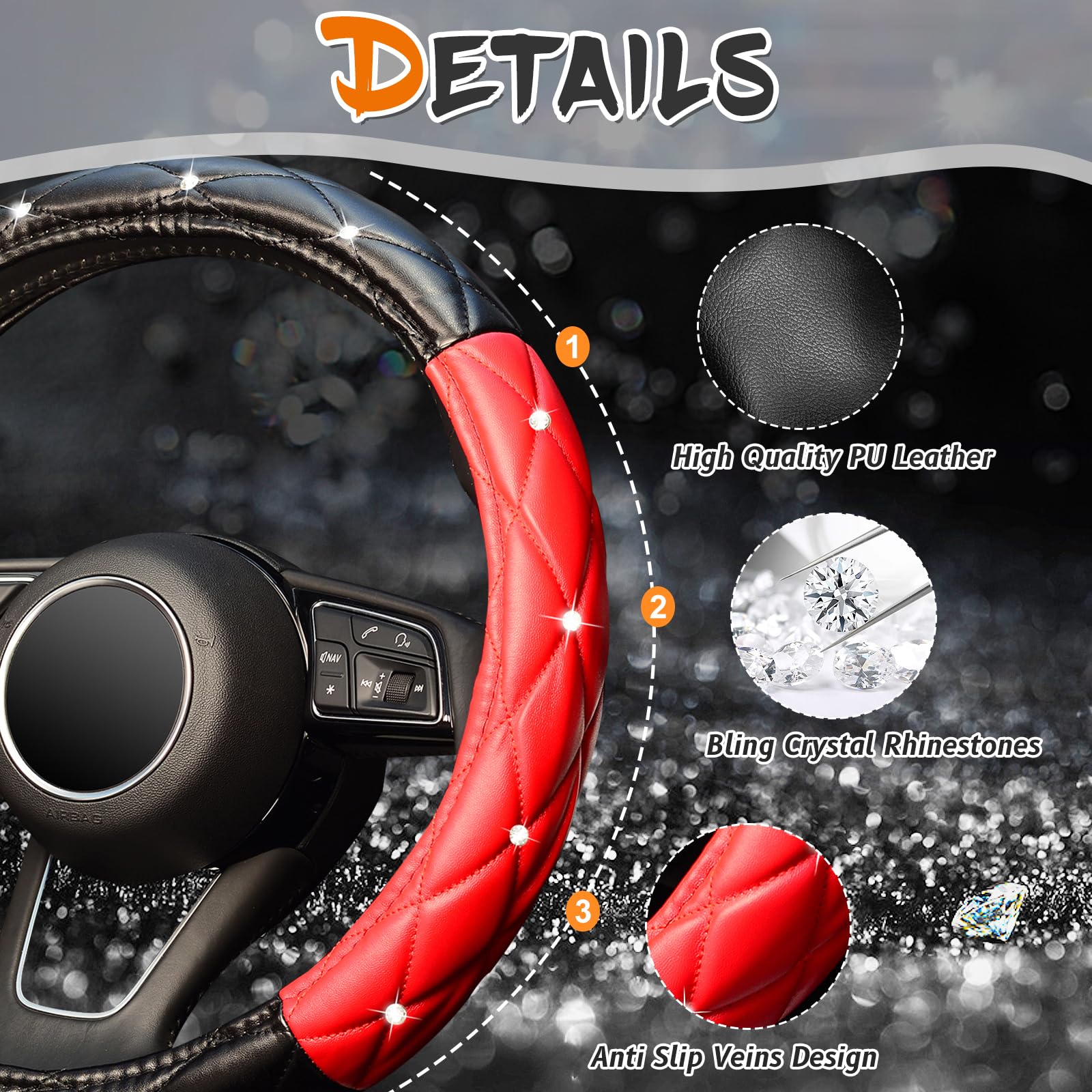 Kafeek Diamond Soft Leather Steering Wheel Cover With Bling Bling Crystal Rhinestones, Universal 15 Inch, Black Red