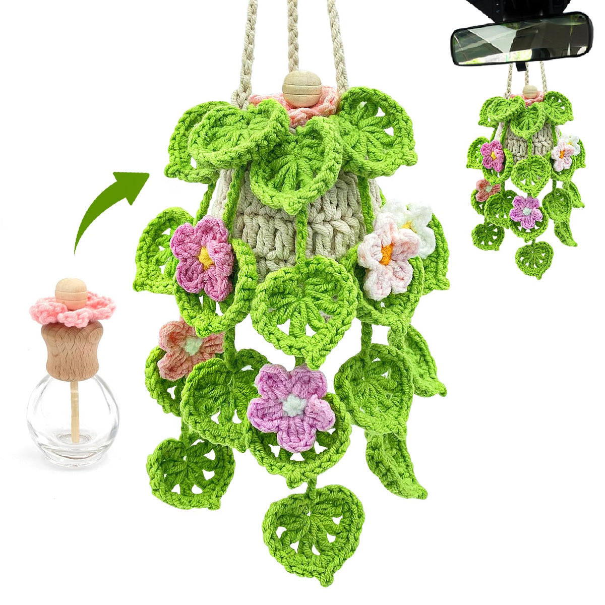 Crochet Car Air Freshener, 15ml Empty Refillable Oil Diffuser Bottle with Hanging Crochet Flowers Plant for Car Rearview Mirror 