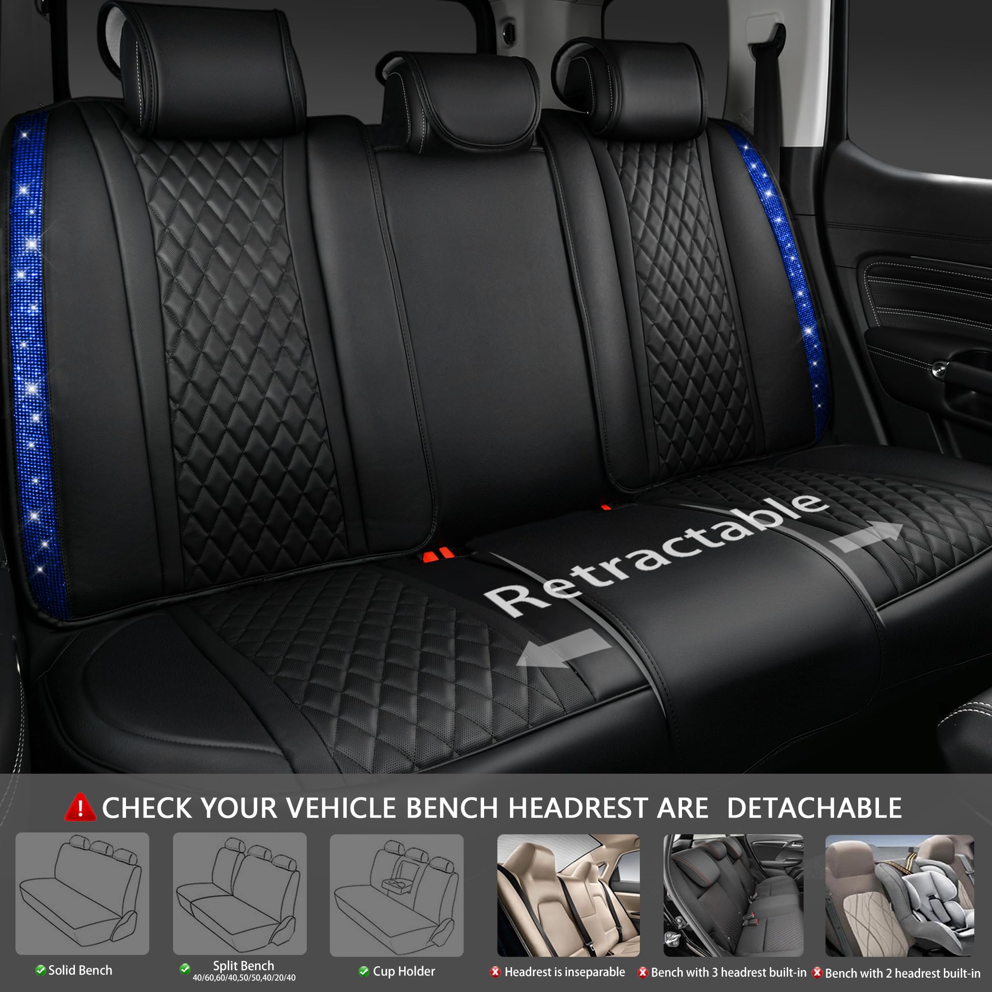 Car Pass Nappa Leather Seat Covers Diamond Bling Car Seat Covers Full Set Universal Cushioned, Waterproof Heavy-Duty Anti-Slip L