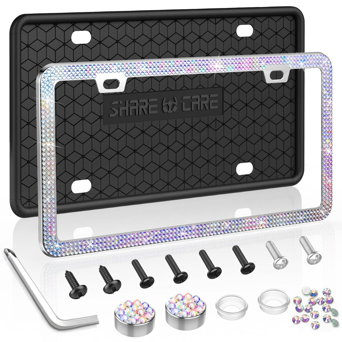 QiqaMole 2 Pack License Plate Frame Include 1 Silicone License Plate Frame and 1 Crystal License Plate Cover with Rhinestone Cry