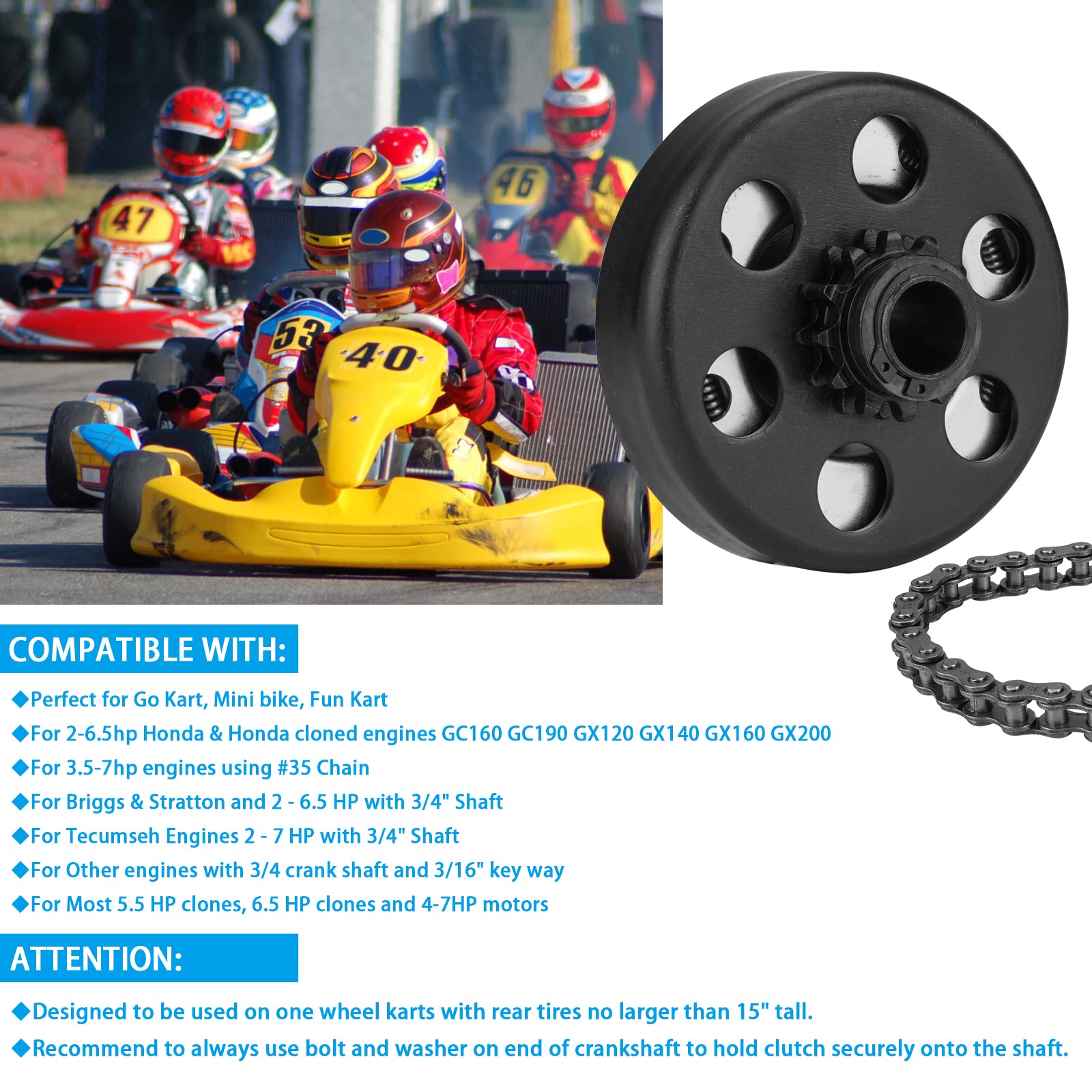Youxmoto Go Kart Clutch 3/4' Bore 12T With #35 Chain, 12 Tooth Centrifugal Clutch And Chain For Go Kart Mini Bike/For Honda Cloned Engines Gc160, Gc190, Gx120, Gx140, Gx160, Gx200-2-6.5Hp, 3/4' Shaft