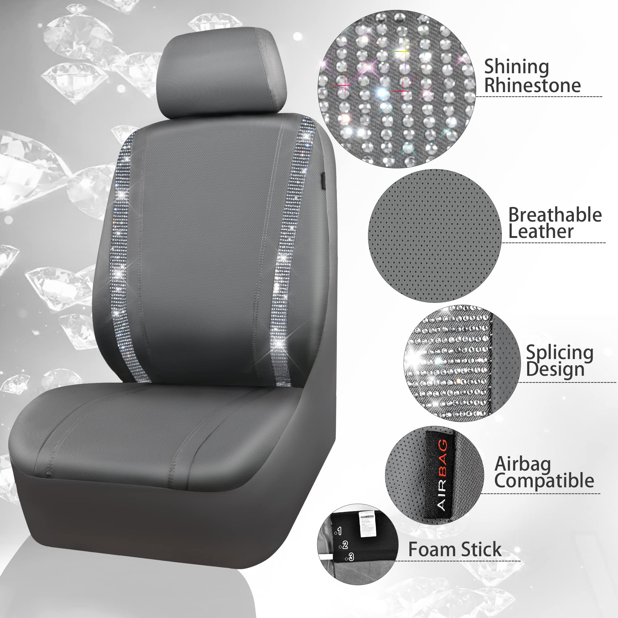 Car Pass Gray Leather Diamond Bling Car Seat Covers 2 Front Interior Sets, Waterproof Universal Shining Glitter Crystal Sparkle