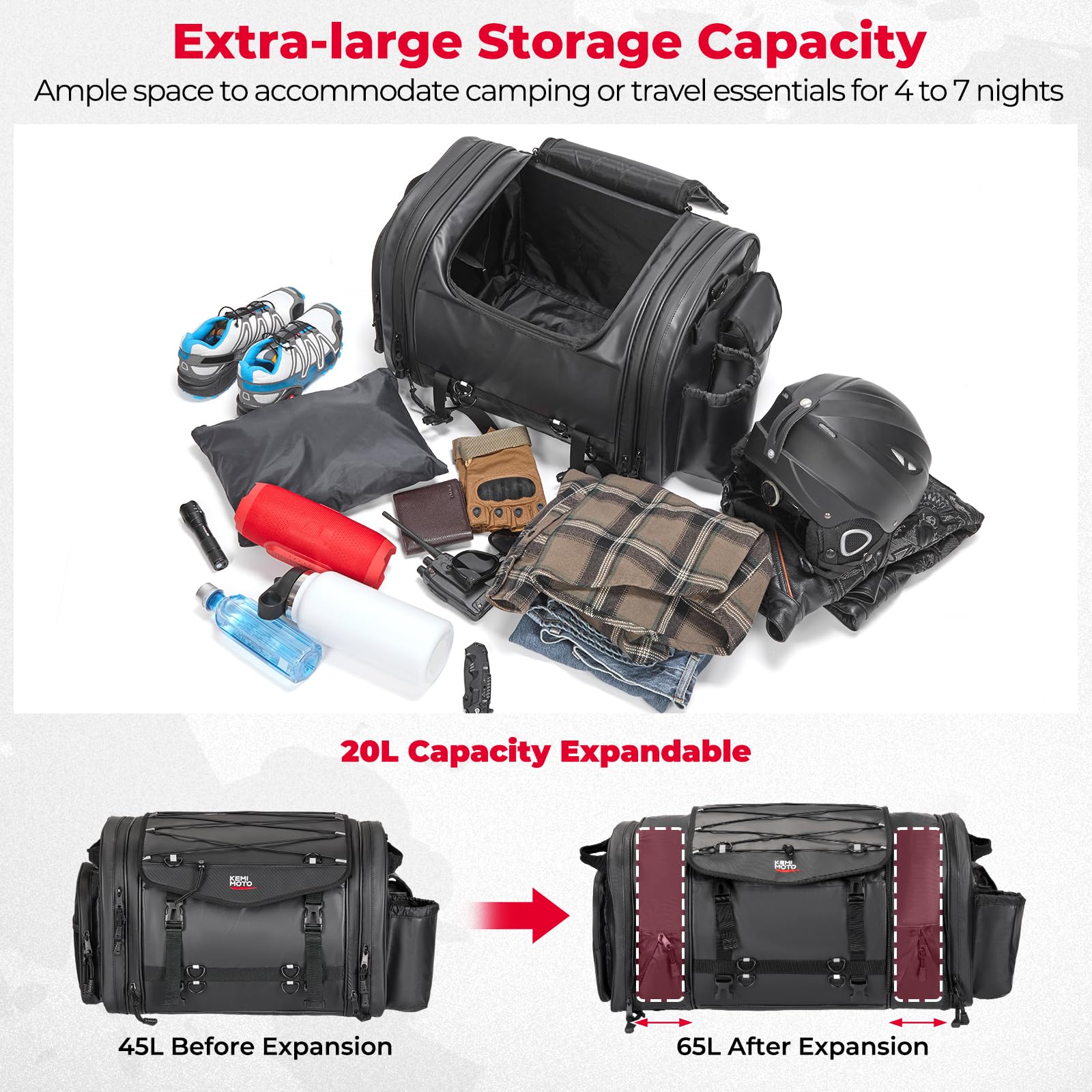 Kemimoto Motorcycle Travel Luggage Bags, 60L Expandable Large Capacity Motorcycle Tail Bag, Waterproof Rear Rack Trunk, Motor Pannier Bag With Rain Cover And Straps