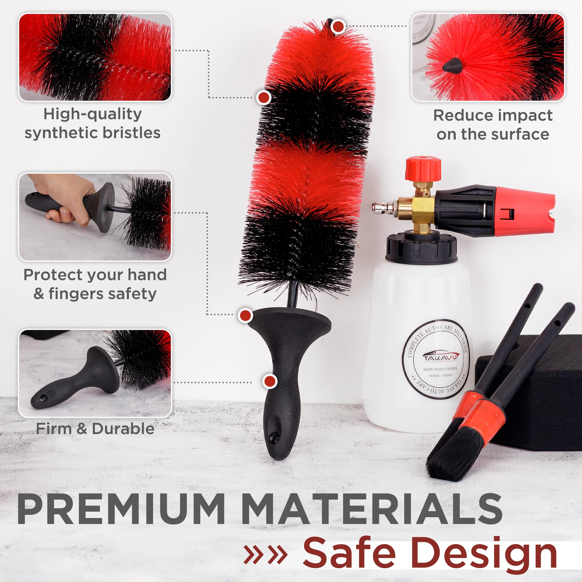 (Upgraded) Takavu Premium Wheel & Tire Brush, Long Bristle Detailing Brush For Effortless Rim & Tire Cleaning, Non-Slip Handle,