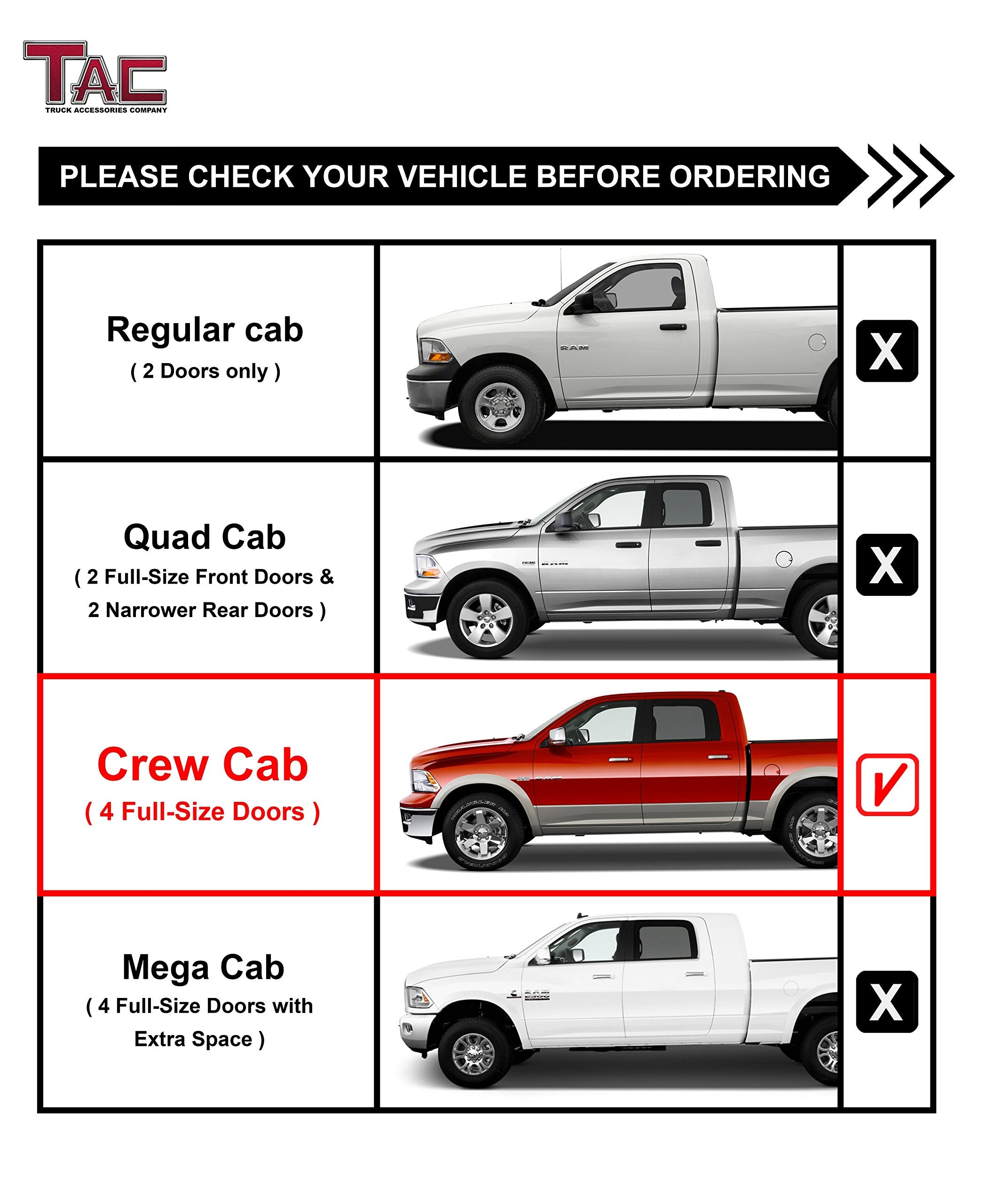 TAC Side Steps Fit 2009-2018 RAM 1500 Crew Cab | 2019-2023 RAM 1500 Classic Crew Cab | 2010-2024 RAM 2500/3500/4500/5500 Crew Ca