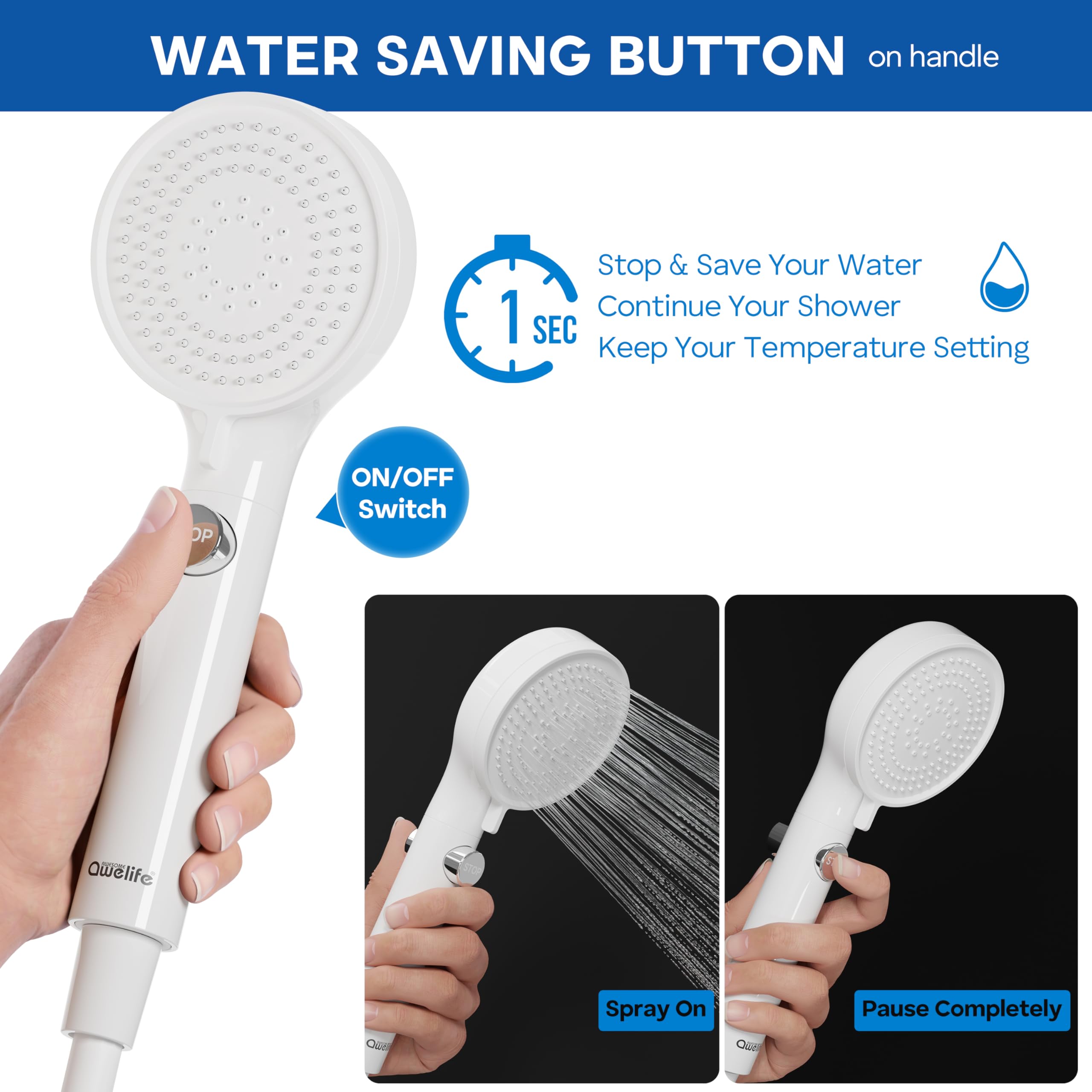 Rv Shower Head With Hose And On/Off Button, High Pressure 5 Mode Shower Head Replacement, Easy Install, White -Upgrade For Rv, C
