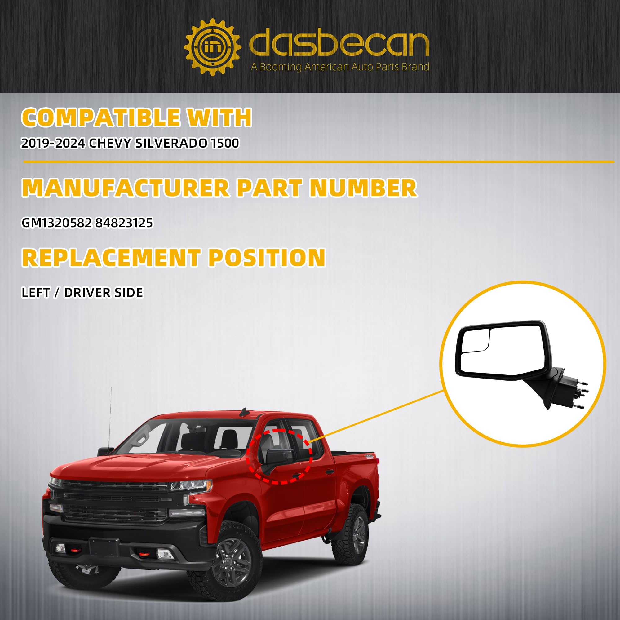 Dasbecan Left Driver Side Mirror Compatible with 2019-2024 Chevy Silverado 1500 Blind Spot/Power Glass/Manual Folding Glossy Bla