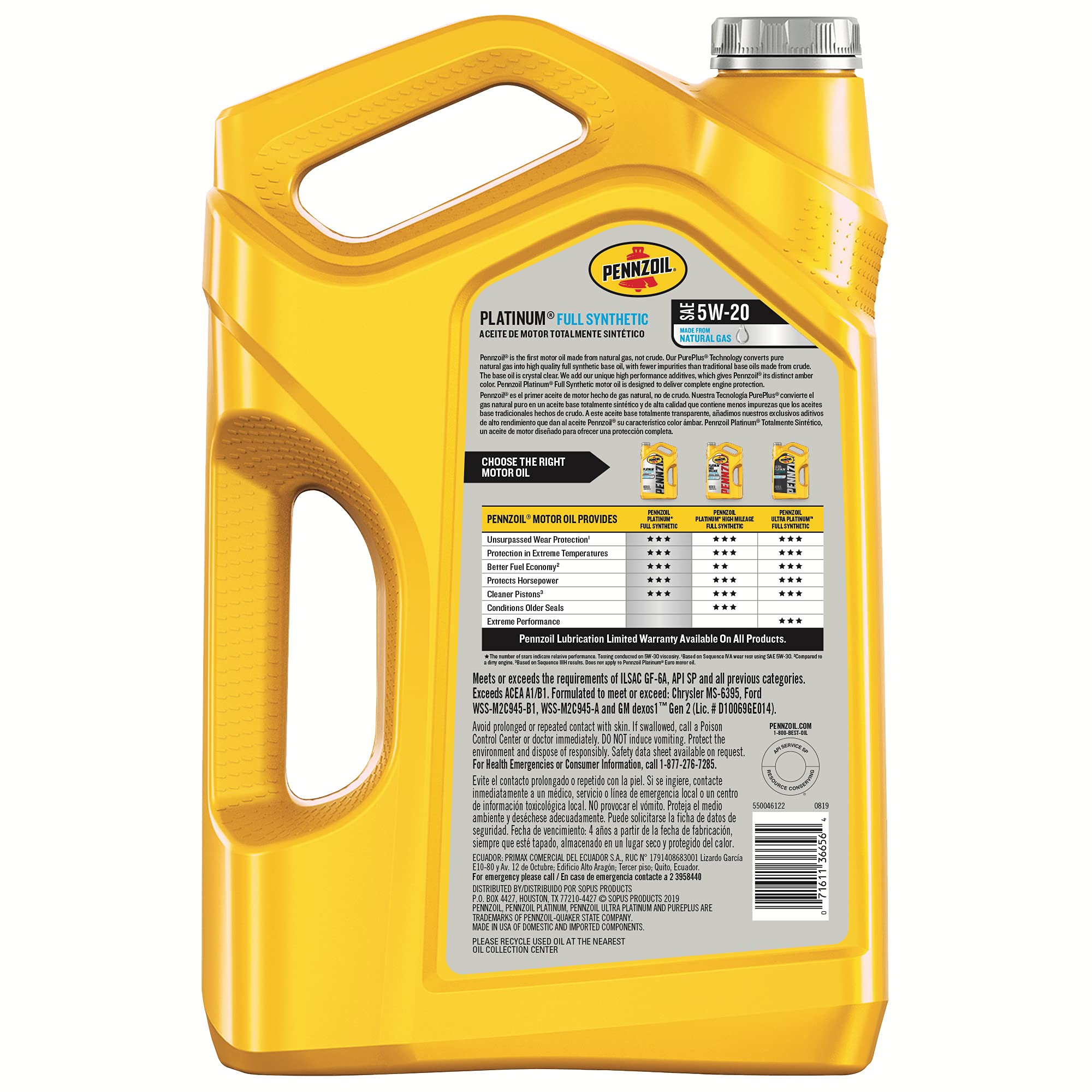 Pennzoil Platinum Full Synthetic 5W-20 Motor Oil, 5-Quart