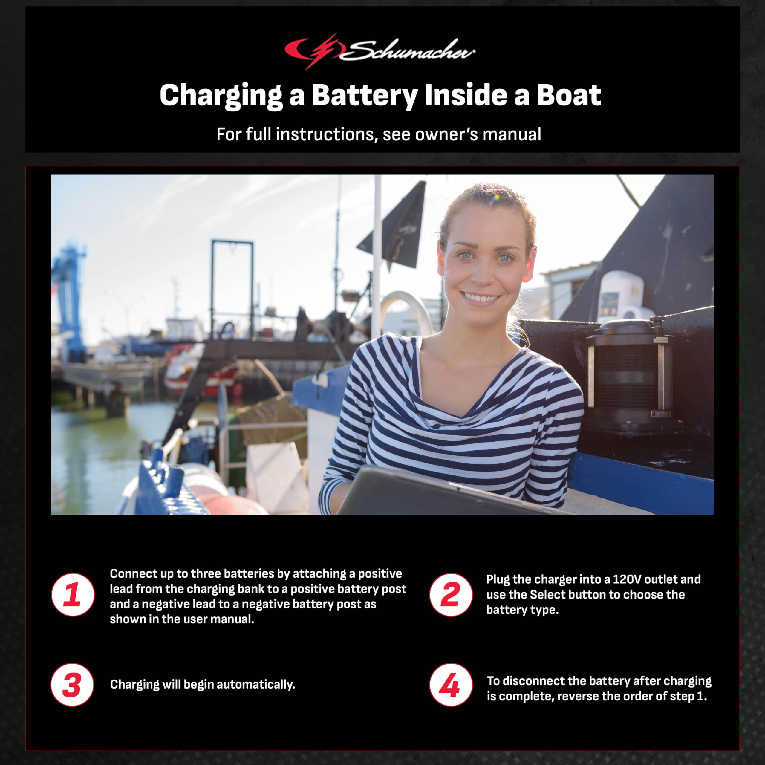 Schumacher-Sc1389 Fully Automatic Direct-Mount 3-Battery Charger And Maintainer - 15 Amp, 12V - For Marine Batteries