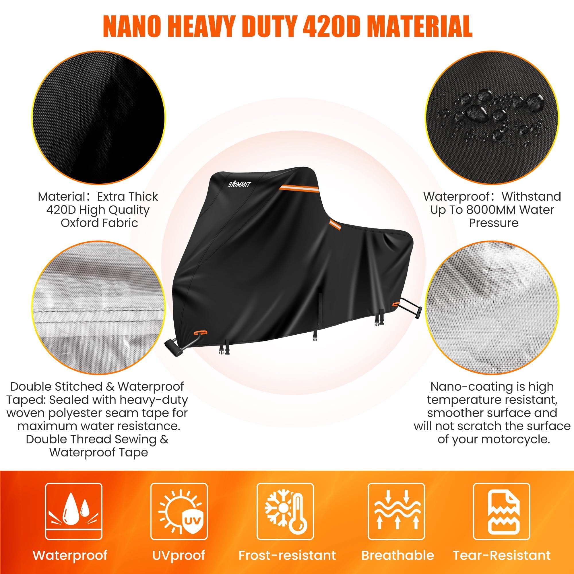 Motorcycle Cover Waterproof Outdoor,420D Motorcycle Cover Heavy Duty,Silver Nano Coating,5 Reflective Strips,2 Air Vents,3 Windp