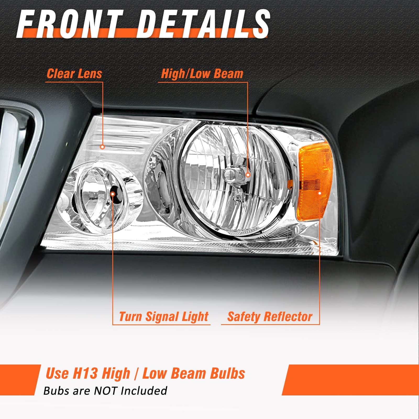 Axlaha 2004-2008 F150 Headlights Assembly For 2004 2005 2006 2007 2008 Ford F150 / 06-08 Lincoln Mark Lt Pickup Chrome Housing Amber Reflector Clear Lens Replacement Driver And Passenger Side